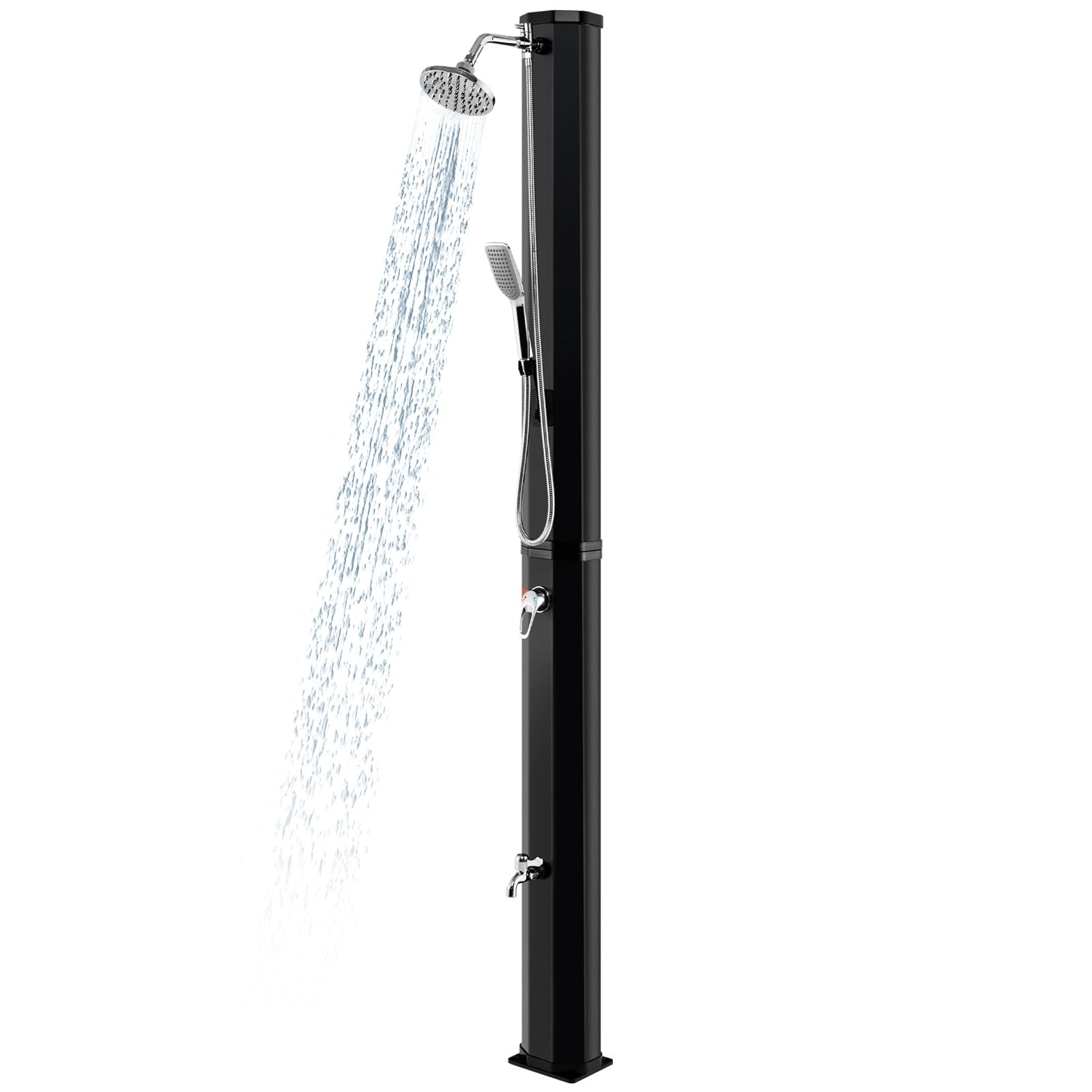 Goplus 9.3 Gallon Solar Heated Outdoor Shower - 7.2 FT Freestanding Garden Shower with 360° Swivel Shower Head, Foot Shower & Temperature Adjustment - Perfect for Poolside, Backyard, Beach & Camping (Black with Handle Head)