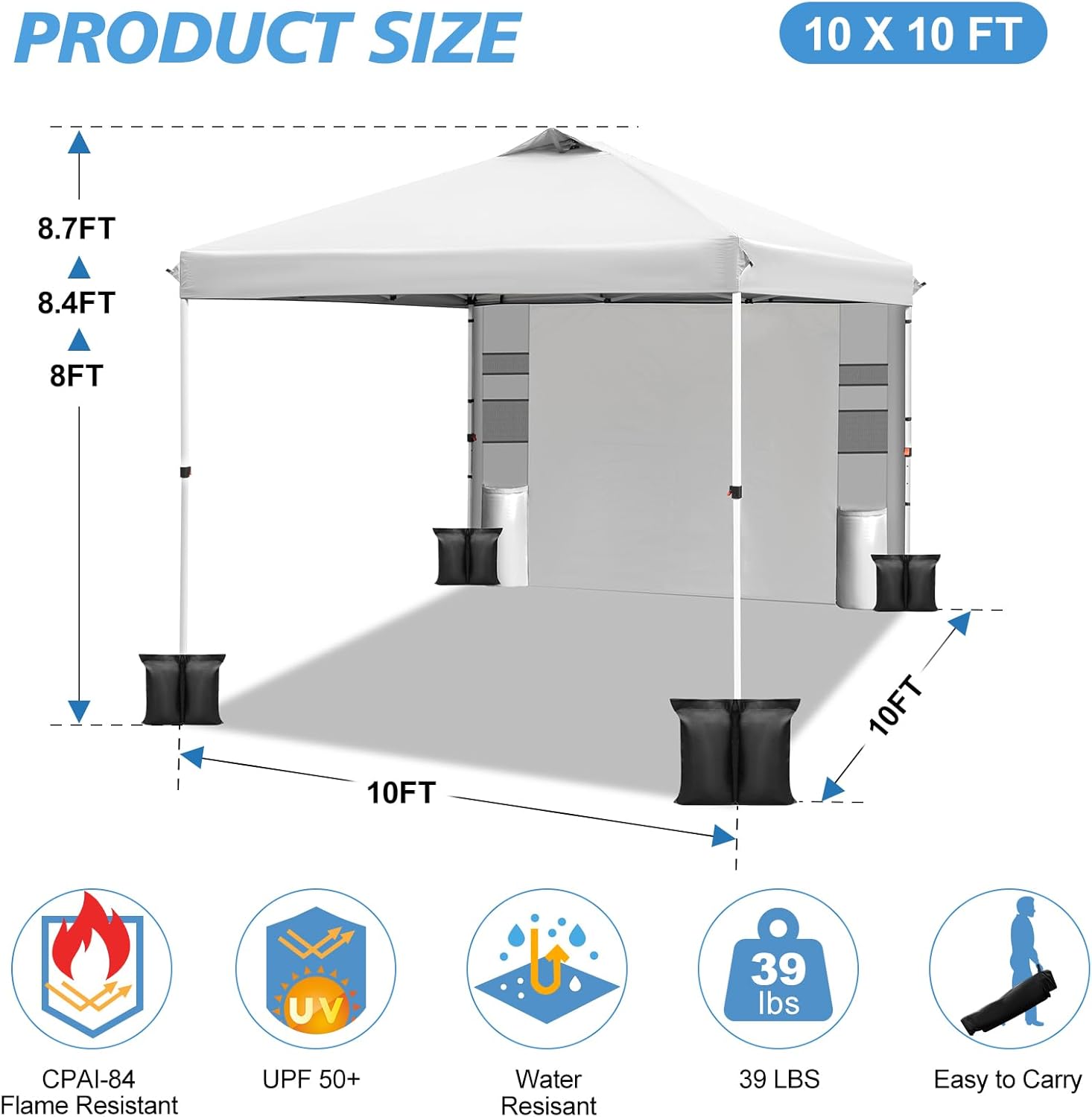 WEIZE 10x10 Pop Up Canopy Tent - Instant One-Button Setup Gazebo with Adjustable Height, 1 Sidewall & 6 Storage Pockets | Includes 4 Weight Bags | Portable Sun Shelter for Outdoor Events, Beach Parties, Camping, Backyard BBQs & Farmers Markets (White)