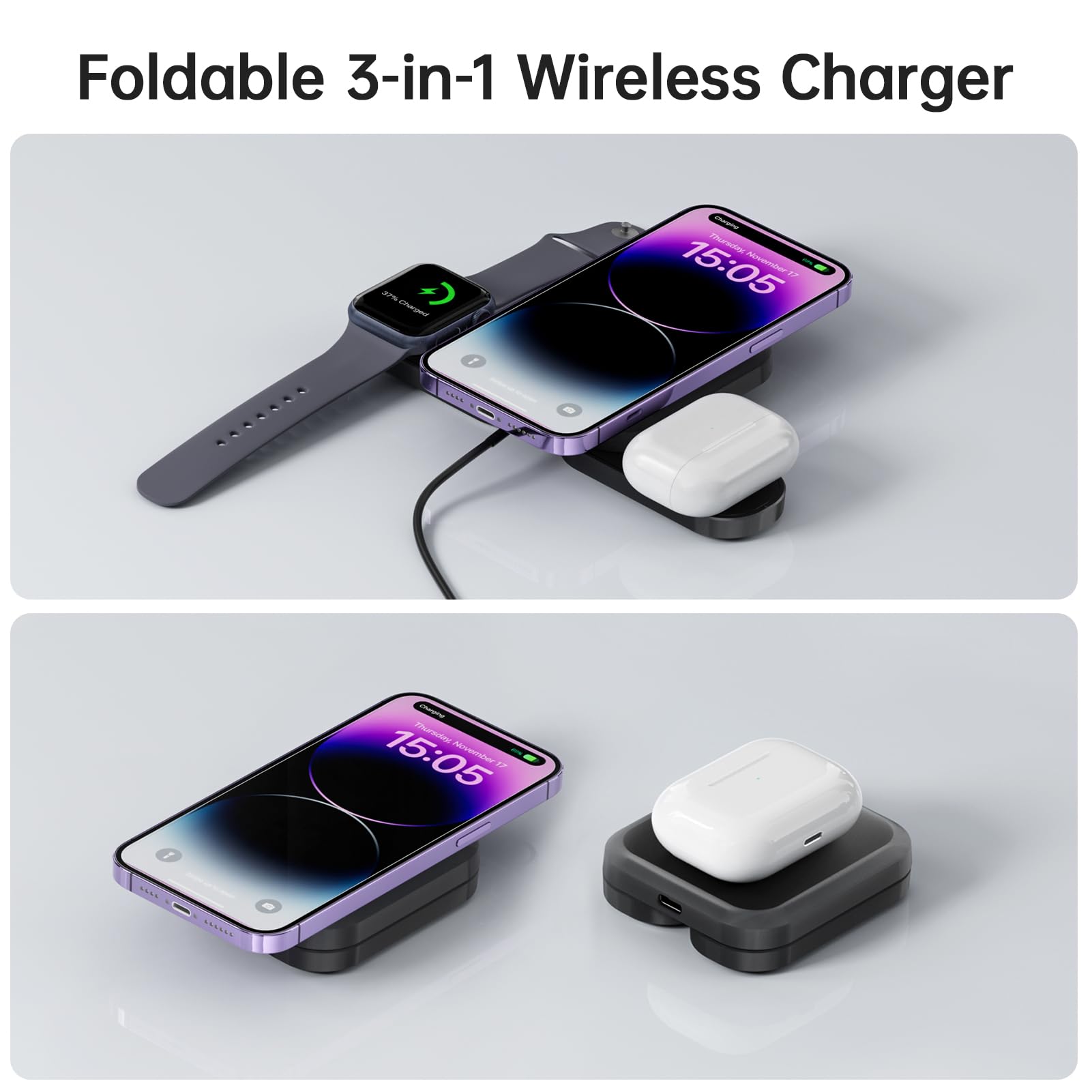 3-in-1 Foldable MagSafe Wireless Charging Station for iPhone 15/14/13/12/11, Apple Watch Ultra/Series 9/8/7/6/5/4/3/2/SE & AirPods 3/2/Pro - Fast Charging Stand for Home, Office & Travel