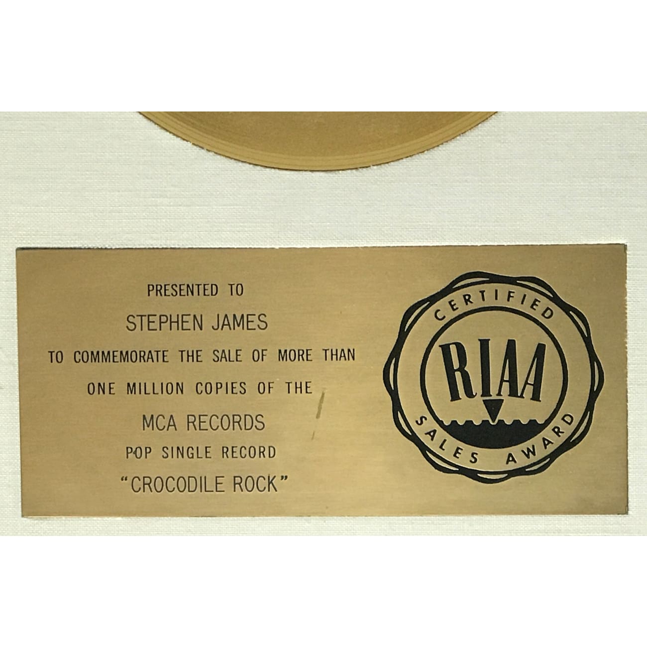Elton John Crocodile Rock White Matte RIAA Gold 45 Award - Rare Collectible Vinyl Record for Music Enthusiasts & Home Decor