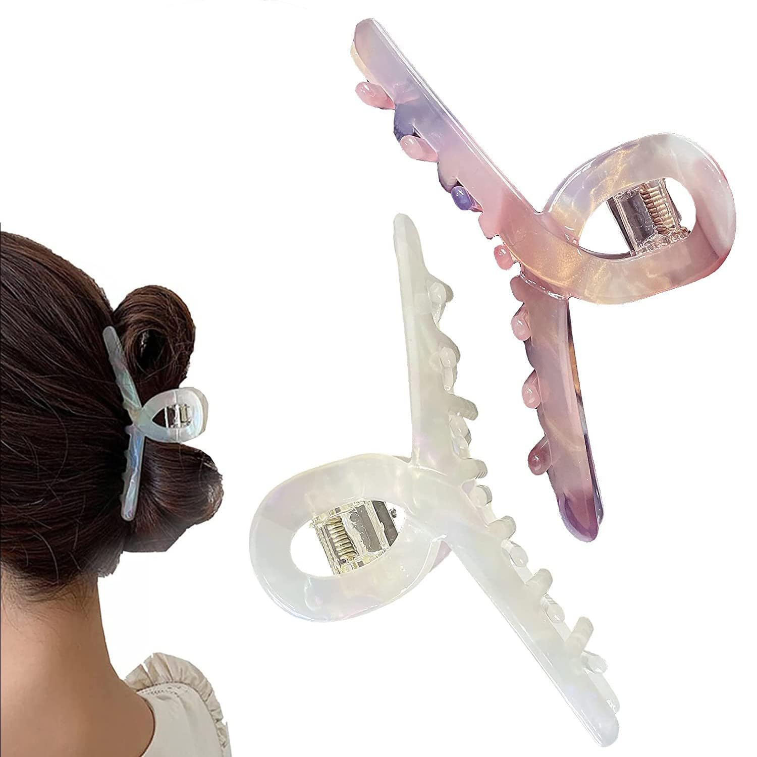 Stylish Waterproof Hair Claw Clips for Women - Medium Banana Jaw & Butterfly Hair Clips Set of 2 (Pink & White) - Perfect for Beach, Gym, Work & Everyday Hairstyling