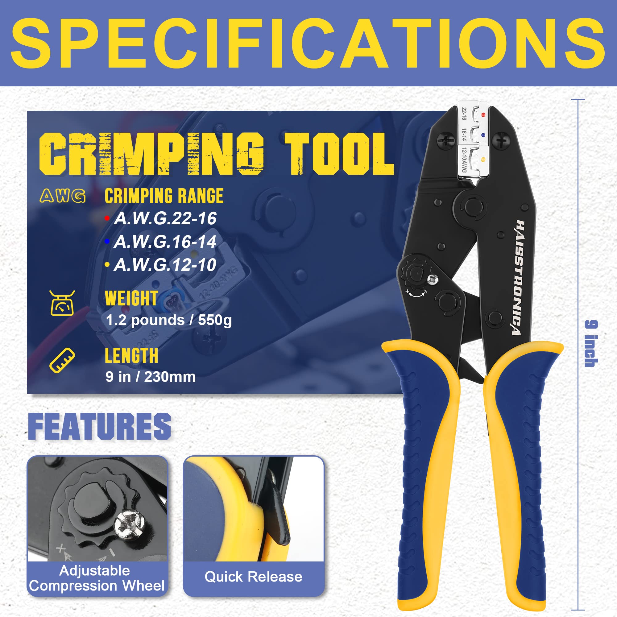 Haisstronica Ratcheting Crimping Tool for Insulated Electrical Wire Connectors (AWG 22-10) - Professional HS-9327 Wire Terminal Crimper for Automotive, Electrical and DIY Projects