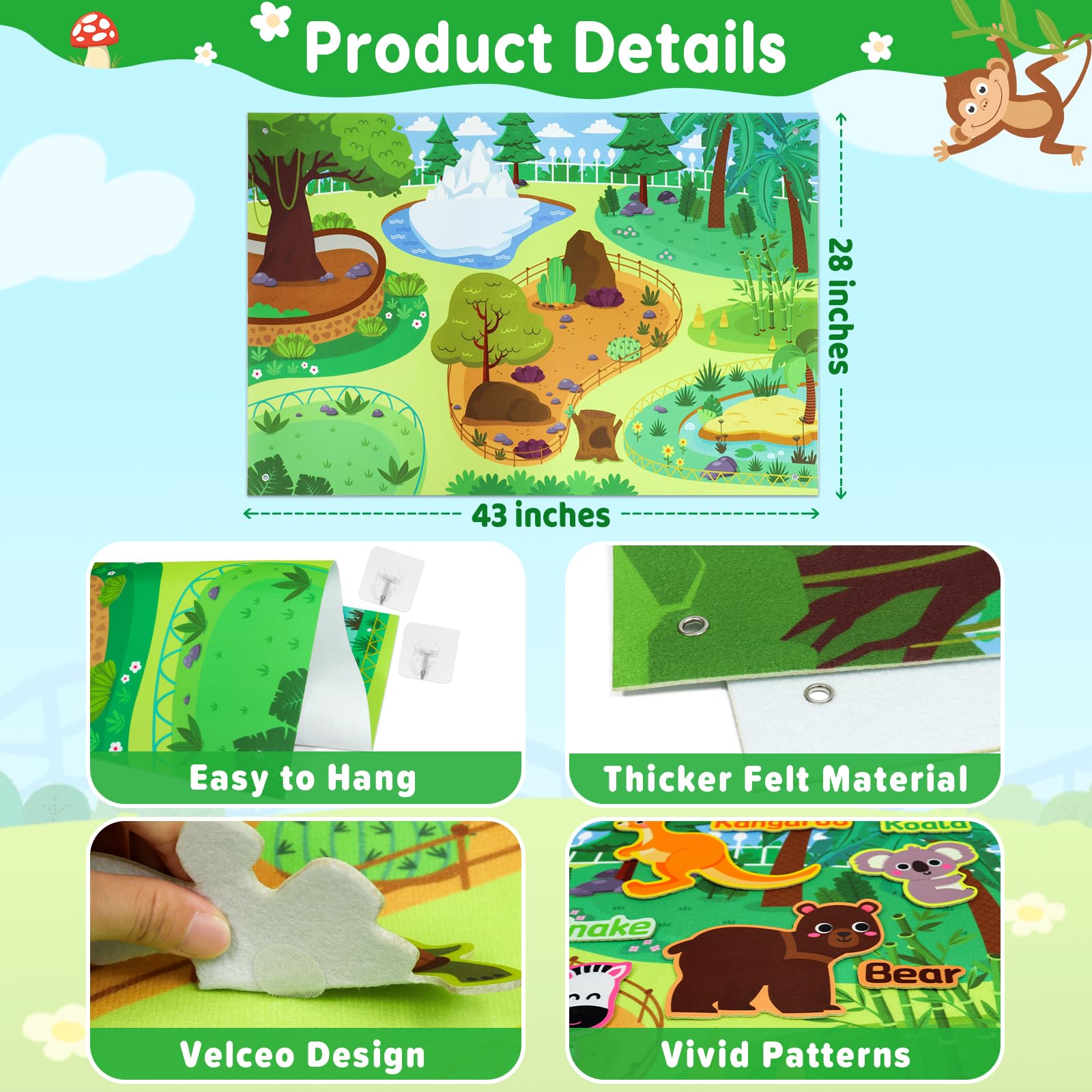 43x28 Inch Zoo Animals Felt Story Board Set - 41Pcs Jungle Animals Flannel Board for Preschool Learning | Interactive Storytelling Teaching Kit | Thick Felt Play Activity for Kids Classroom & Homeschool