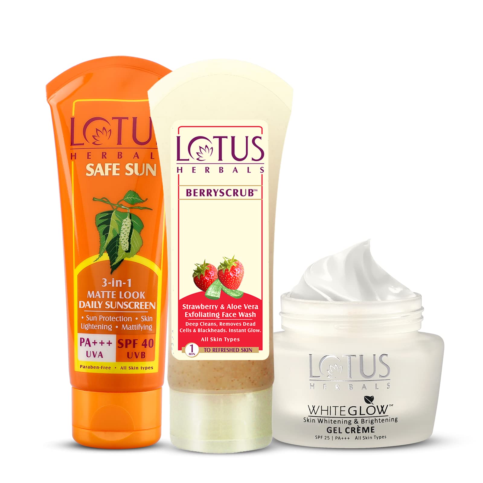 Lotus Herbals Skin Care Kit - Exfoliating Gel Cream, SPF 40 Sunscreen & Brightening Face Wash for All Skin Types | Daily Skincare Routine for Glowing, Protected & Smooth Skin