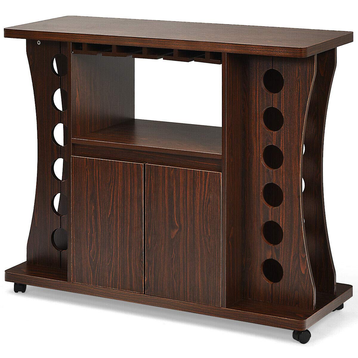 Rolling Buffet Sideboard Kitchen Cart with 12-Bottle Wine Rack & Glass Holder - Bar Storage Cabinet for Kitchenware, Supplies & Spacious Countertop - Perfect for Dining Room, Kitchen Organization & Home Entertaining