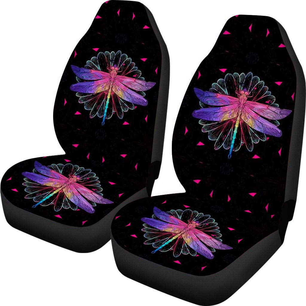 Bohemian Dragonfly Print 2-Piece Stretchy Anti-Slip Car Seat Covers for Women - Front Seat Only | Perfect for Beach Trips, Road Travel & Daily Commute