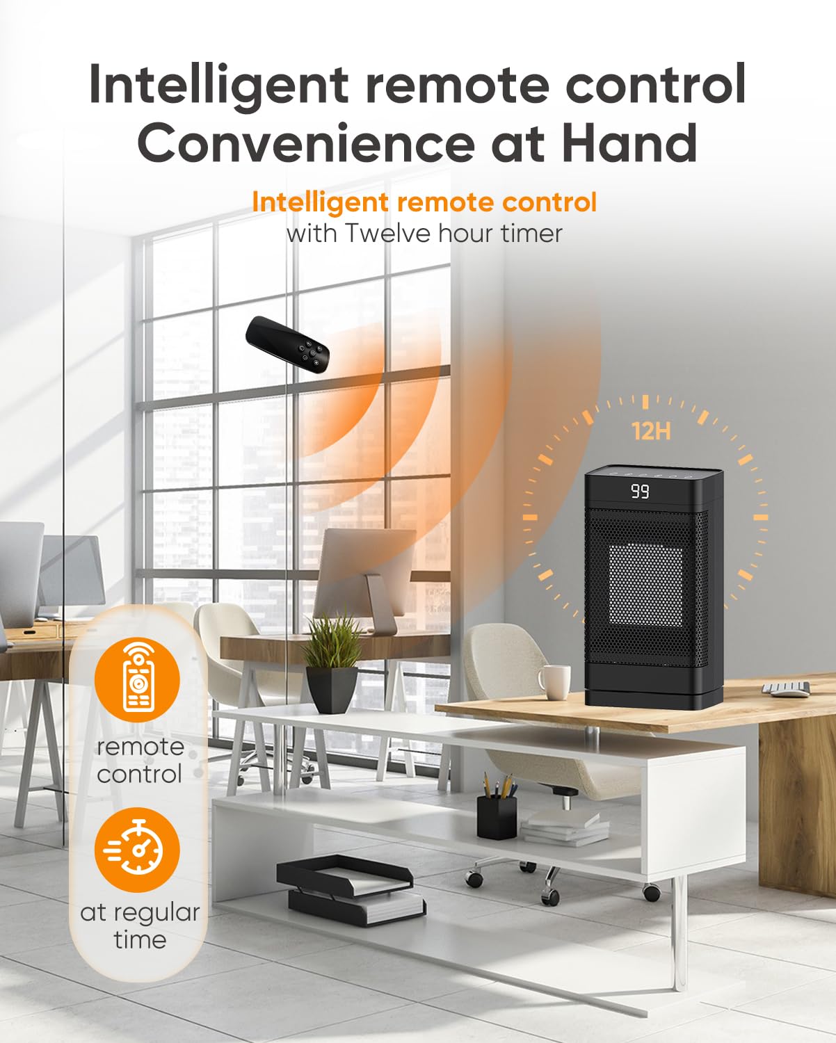 PGYIOO! 1500W Portable Ceramic Space Heater with 12 PTC Heating Sheets, 99°F Adjustable Temperature, 12-Hour Timer - Safe & Energy Efficient for Bedroom, Office & Home Use - Perfect for Winter Heating & Small Space Warmth