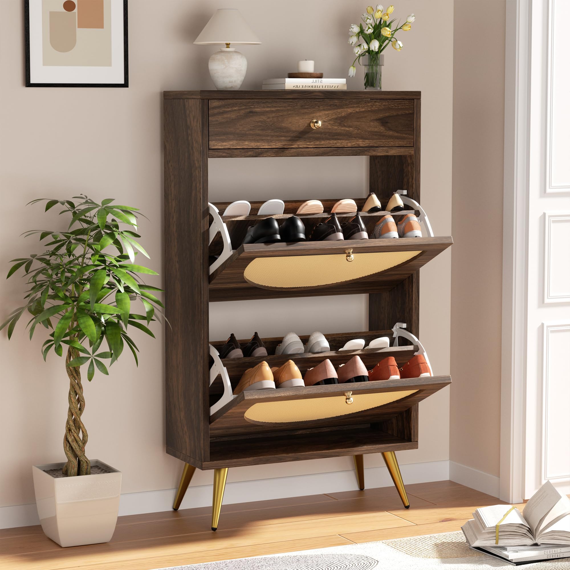Meilocar Rattan Shoe Cabinet with 2 Flip Doors & 1 Drawer - 3-Tier Adjustable Shelf Shoe Storage Organizer - Freestanding Slim Shoe Rack for Entryway, Closet, Hallway - Perfect for Small Spaces & Home Organization (Walnut)