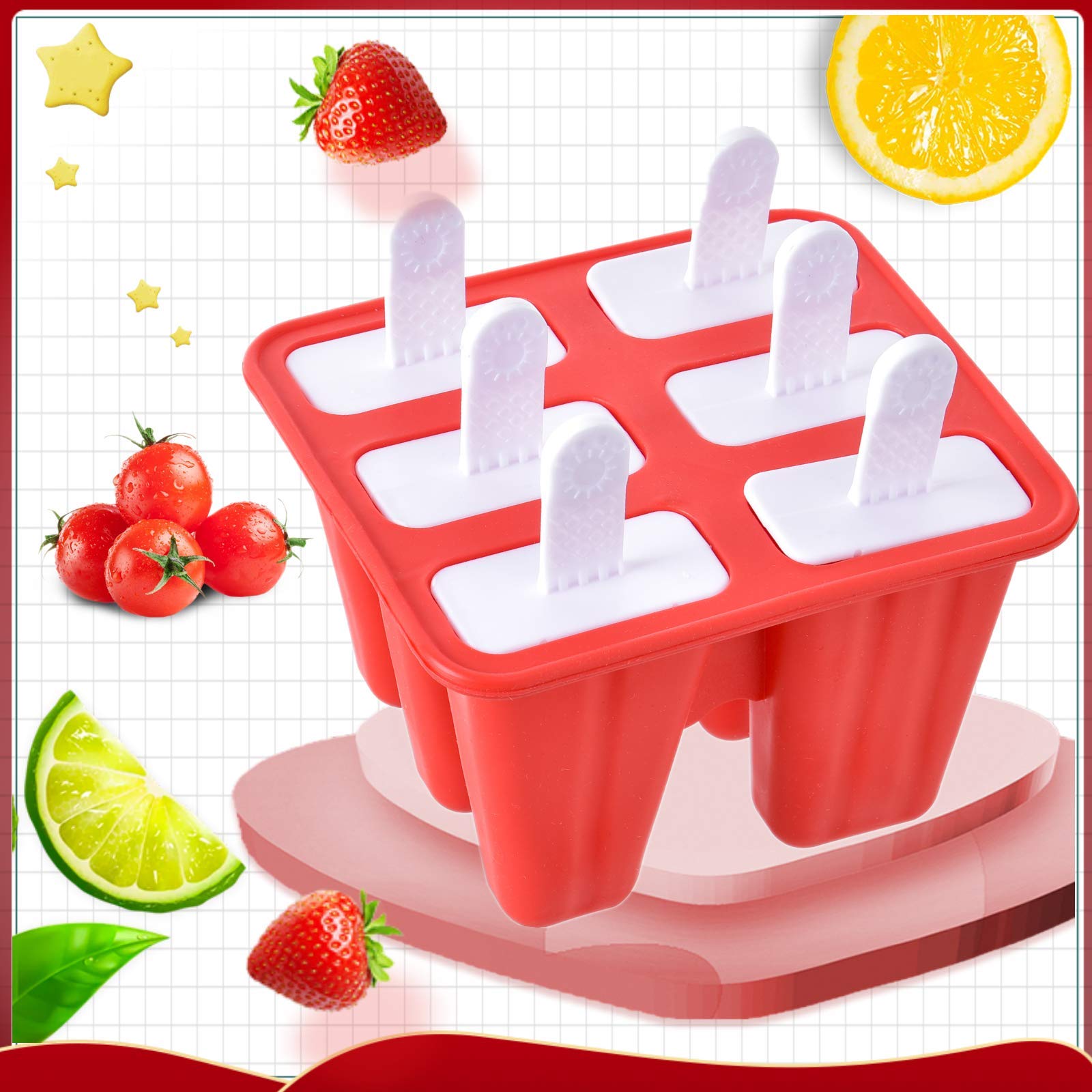 6-Piece Silicone Popsicle Molds Set - Reusable, Easy Release Ice Pop Maker for Homemade Treats (Red) - Perfect for Summer Snacks, Kids Parties & Healthy Frozen Desserts