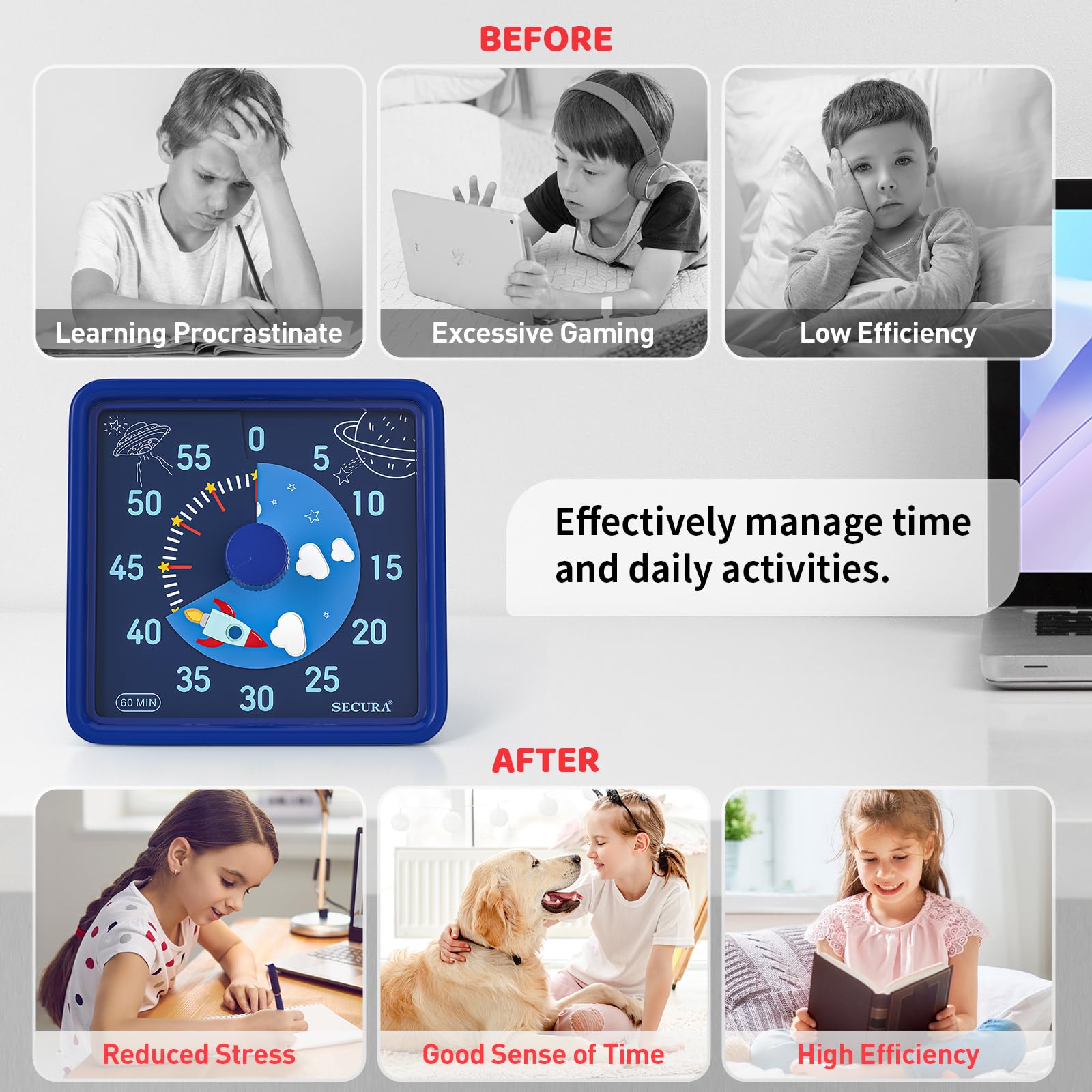 Secura 60-Minute Visual Timer for Kids & Adults - Silent Countdown Clock for Classroom, Office, Kitchen - Time Management Tool for Homework, Cooking, Meetings (Navy Blue) | Perfect for Teachers, Parents & Professionals