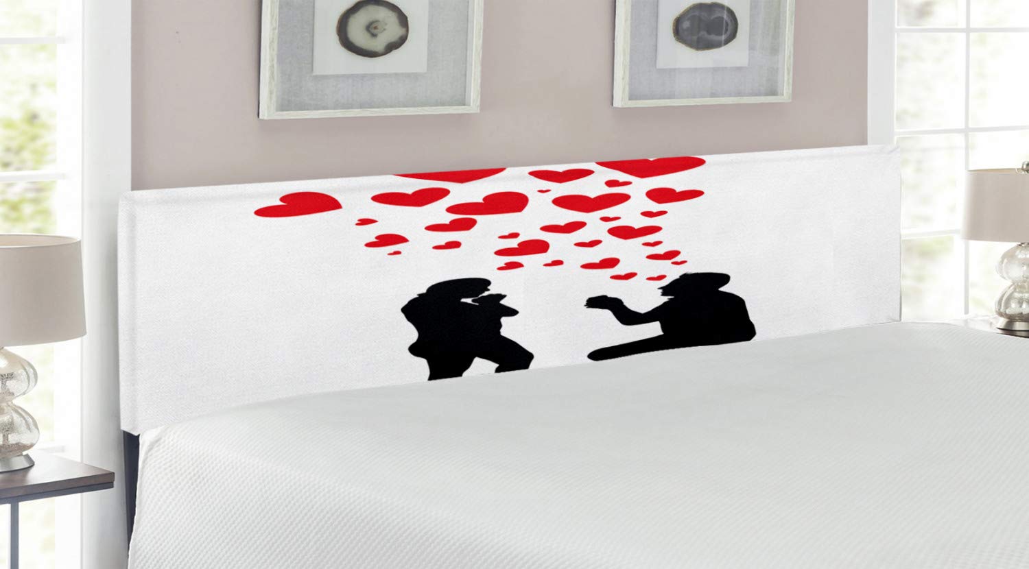 Ambesonne Romantic Couple Hearts Engagement Party Headboard - King Size Upholstered Metal Bed Frame with Memory Foam | Wedding Proposal Decor for Bedroom, Black White & Red Design | Perfect for Anniversary Gifts & Couples' Bedroom Decor