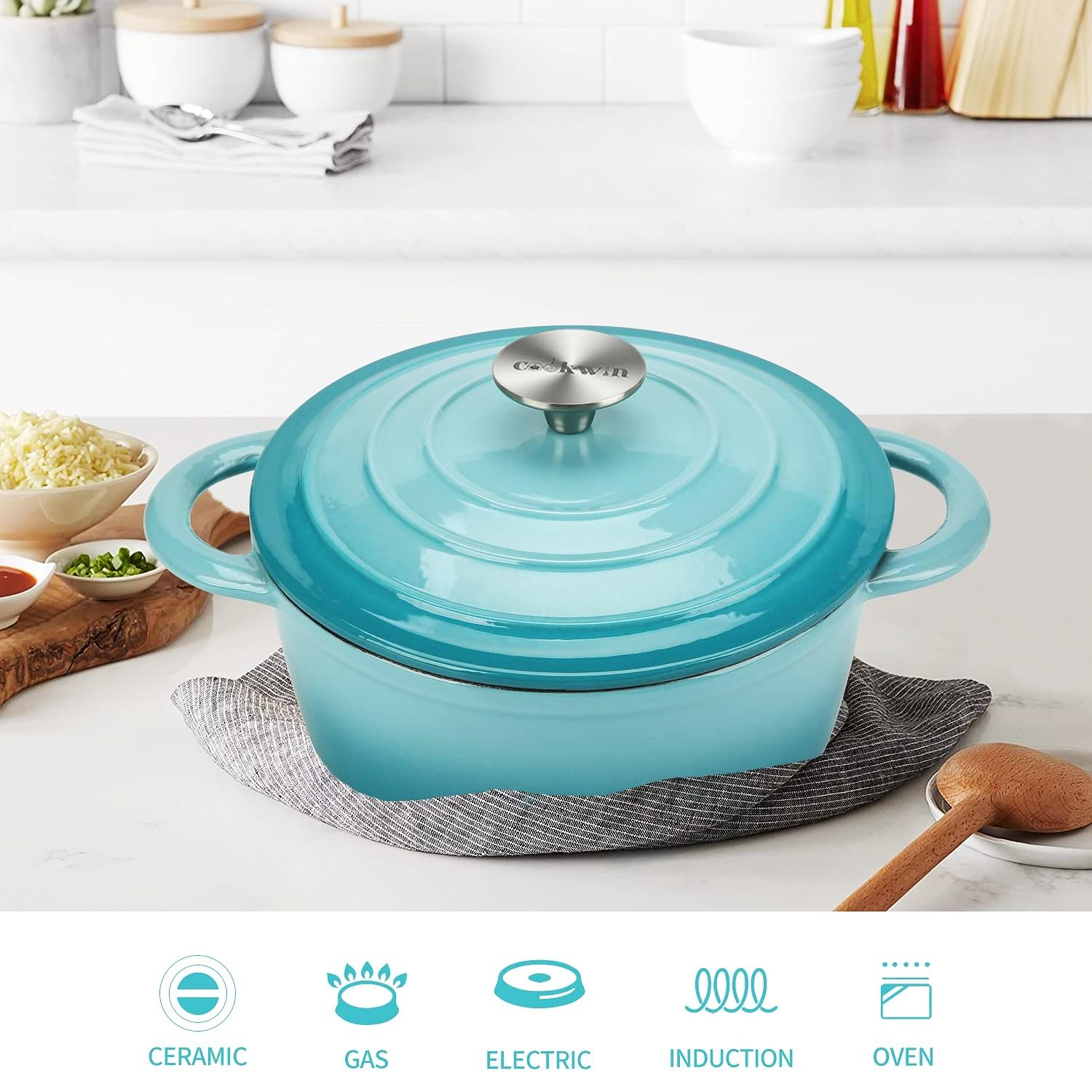 **5 QT Enameled Cast Iron Dutch Oven – Non-Stick Bread Baking Pot with Self-Basting Lid, Durable Enamel Coated Cookware – Perfect for Soups, Stews & Baking – Ideal Christmas Gift for Family & Home Chefs (Teal)**