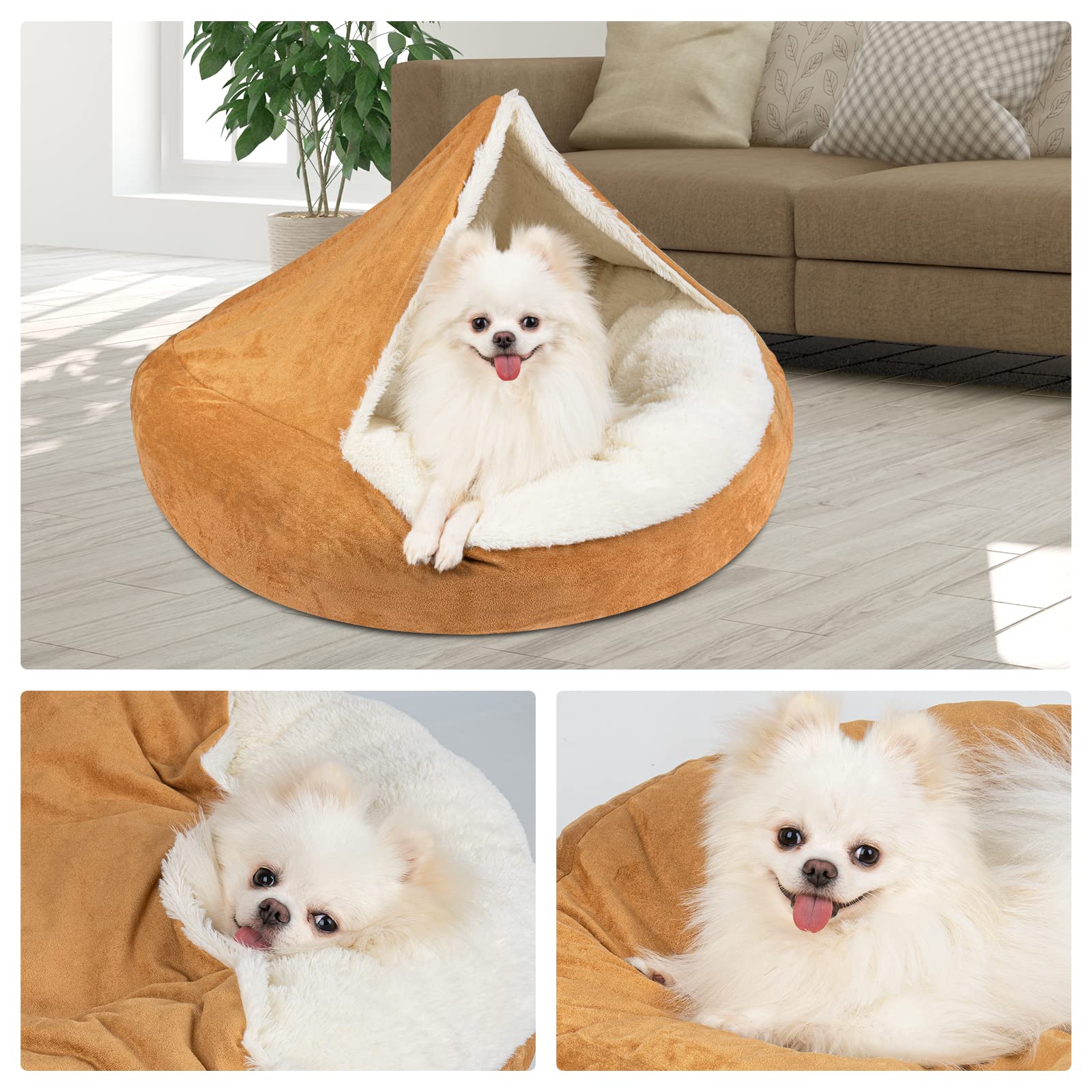 MICOOYO Small Dog Bed with Hooded Blanket - 24 Inch Round Donut Cuddler Pet Bed for Puppies & Cats, Washable & Comfortable (Khaki) - Perfect for Indoor Lounging, Crate Training & Cozy Napping
