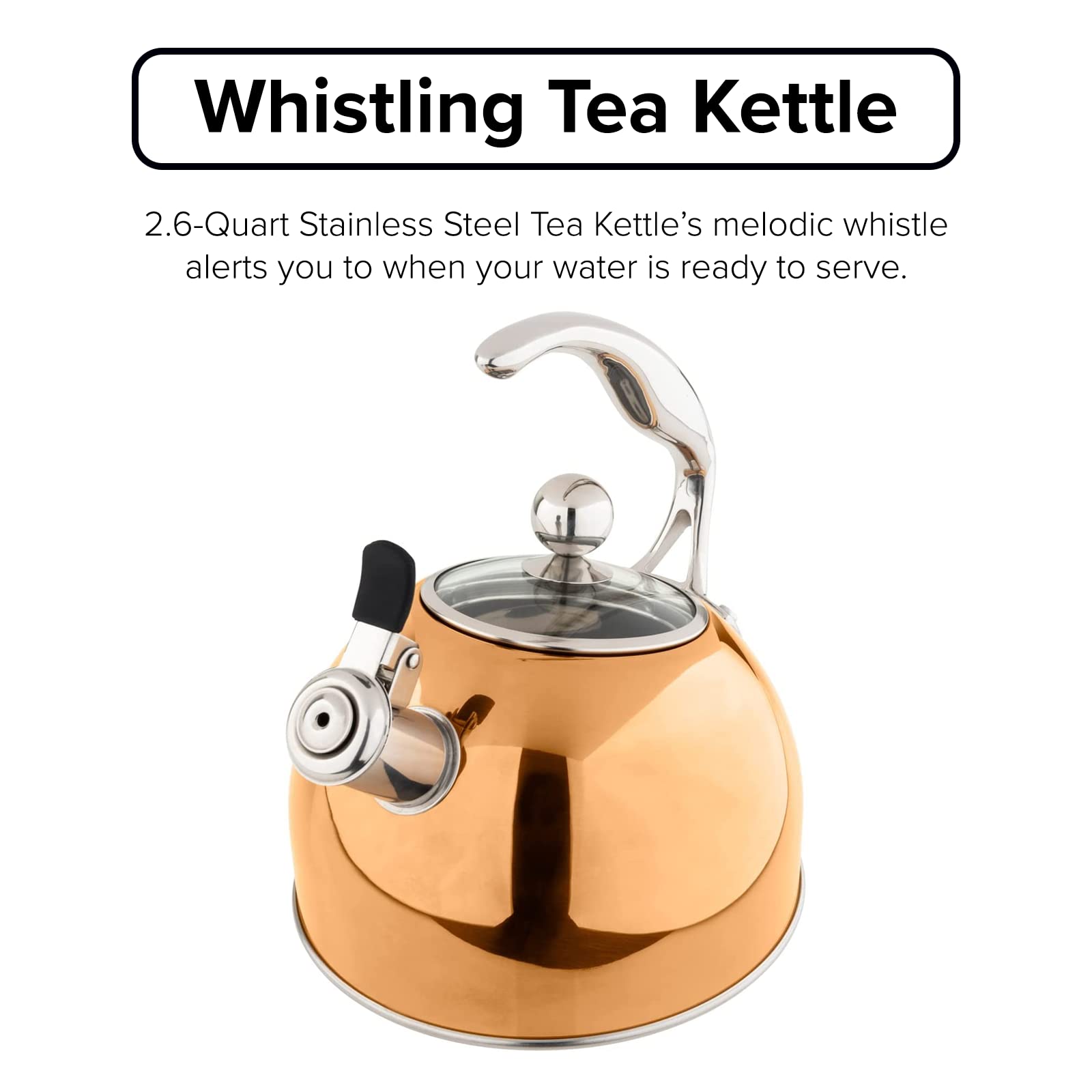 Premium Viking 3-Ply Stainless Steel Whistling Tea Kettle - 2.6 Quart Stovetop Hot Water Pot with Tempered Glass Lid & Ergonomic Handle - Induction Compatible Rose Gold - Perfect for Tea Brewing, Coffee Making & Kitchen Decor