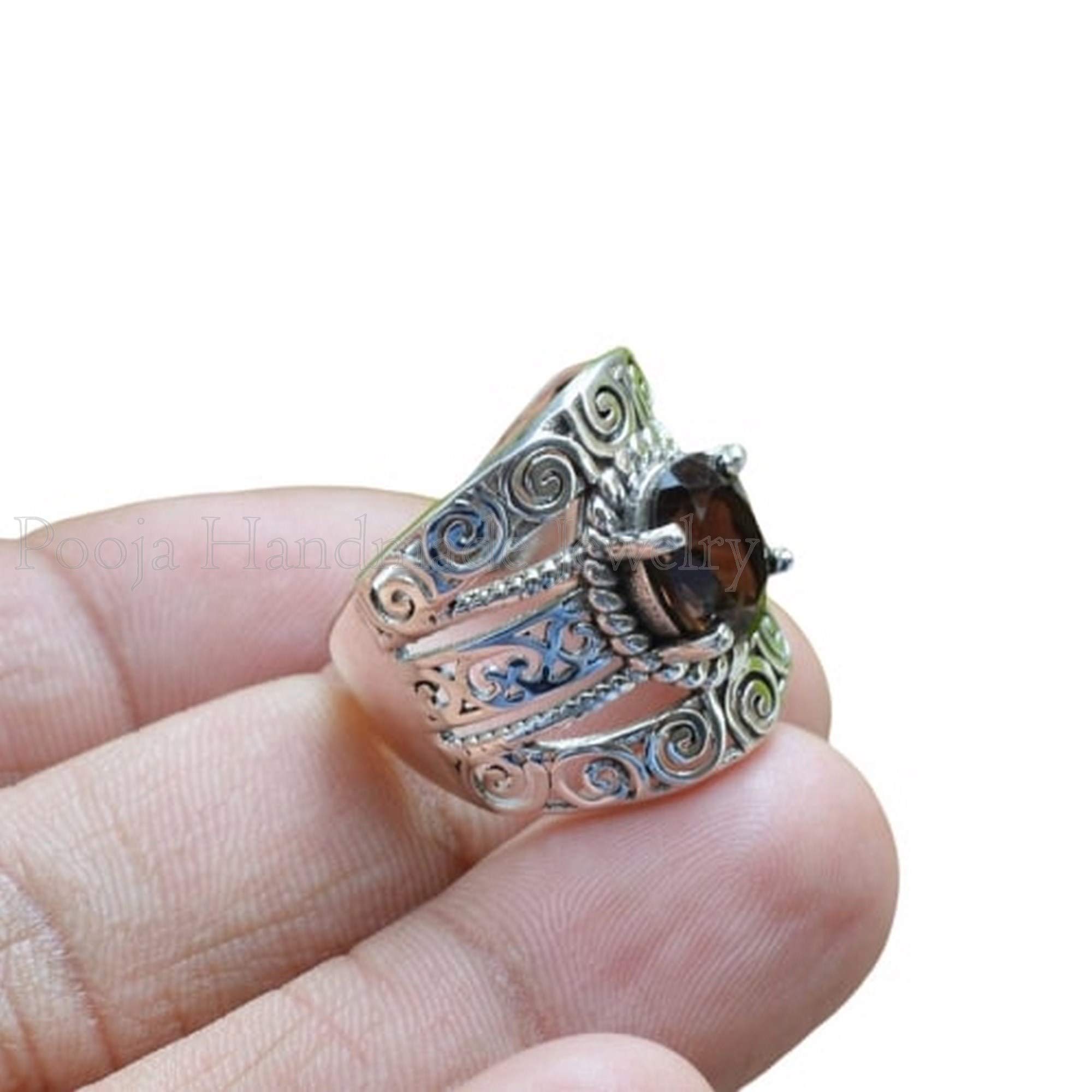 925 Sterling Silver Smoky Quartz Ring for Women - Celtic Bohemian Dainty Oval Gemstone Ring, Anniversary Gift for Her - Perfect for Boho Fashion, Weddings & Special Occasions