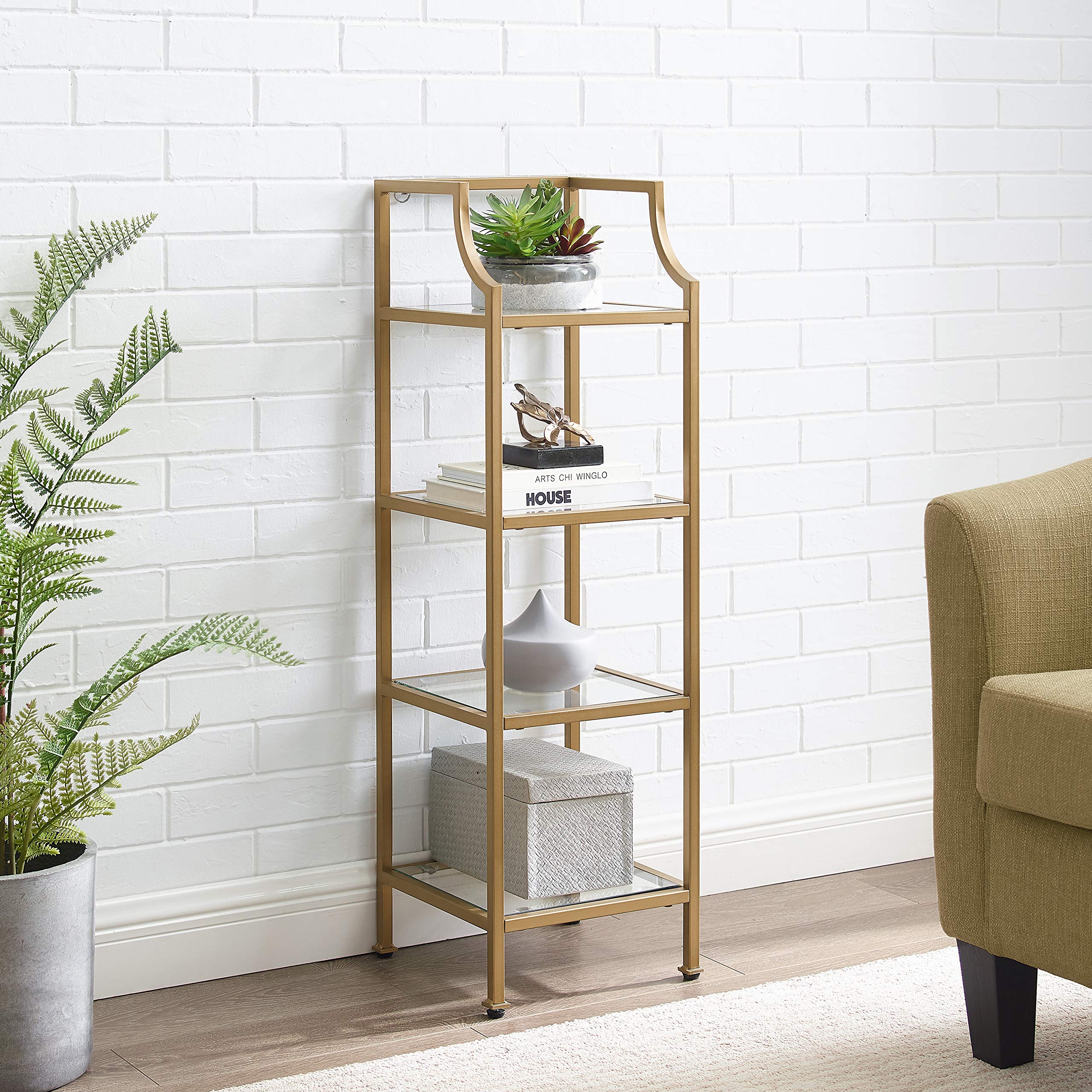 Crosley Aimee Short Bookshelf with Glass Shelves - Small Gold & Glass Bookcase for Home Office, Living Room, Bedroom Storage & Decor