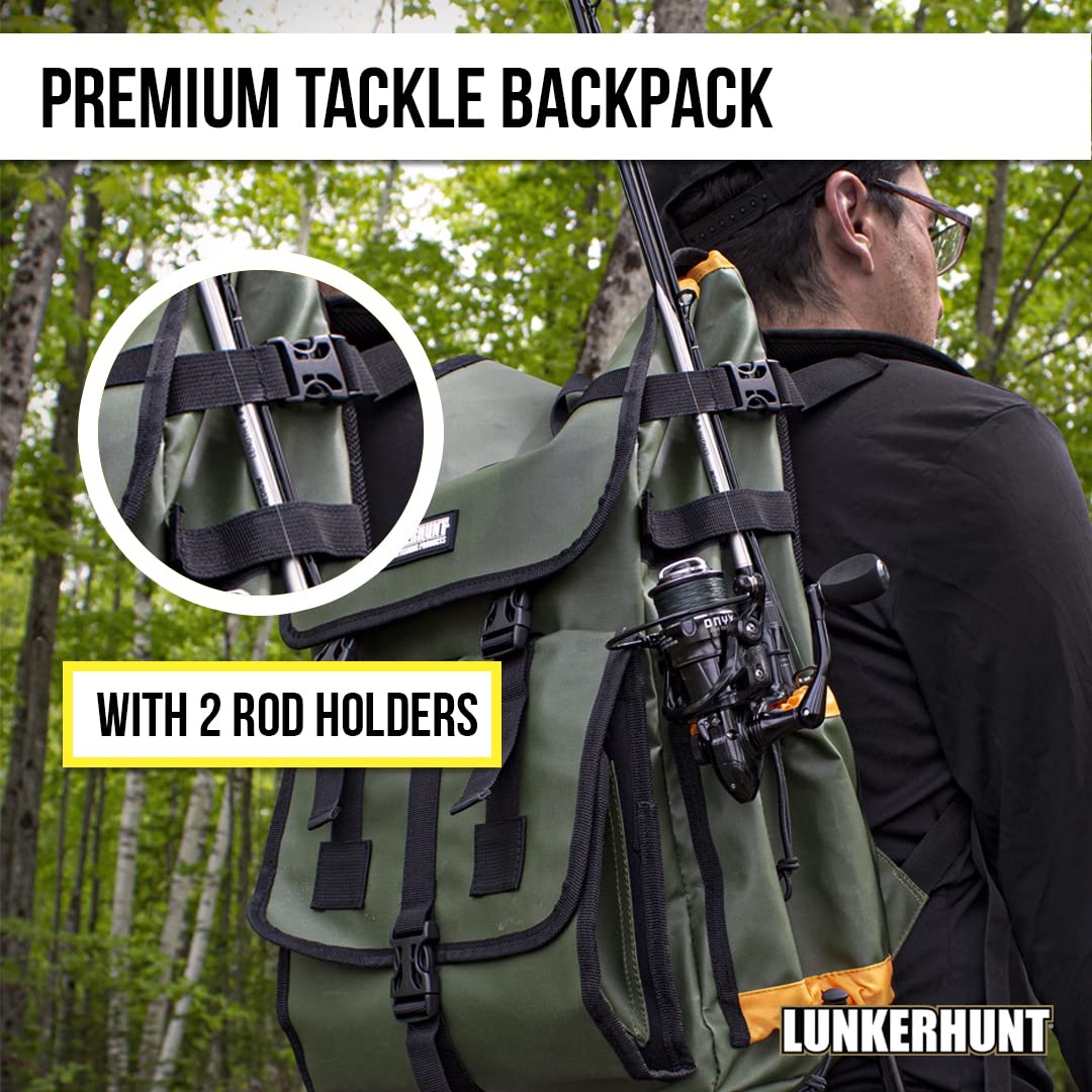 **Lunkerhunt Fishing Backpack with Rod Holders – Waterproof 30L Tactical Gear Bag for Anglers | Includes 3 Tackle Boxes | Lightweight & Spacious for Freshwater & Saltwater Fishing**