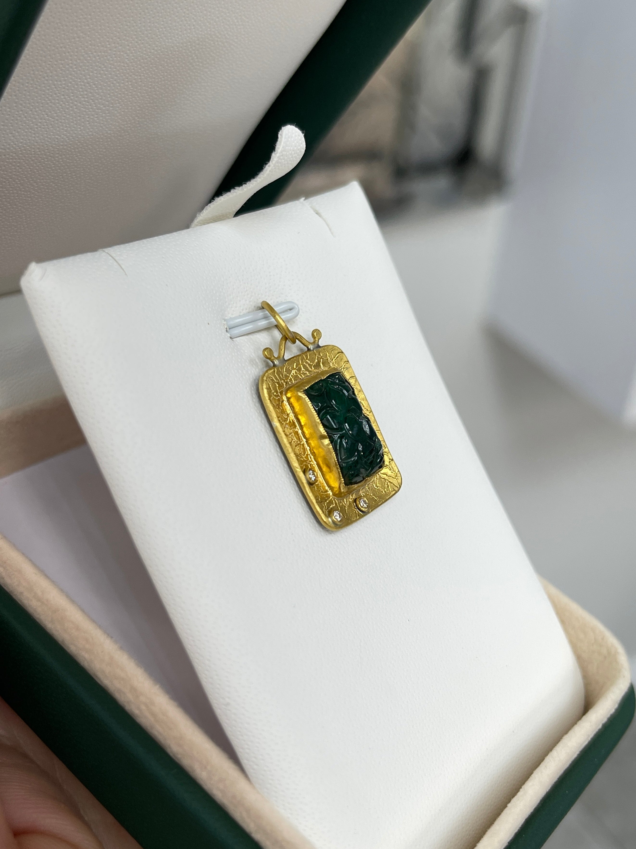 6.35 Carat Floral Hand-Carved Emerald & Diamond 24K Gold Pendant Necklace for Women | Elegant Jewelry Gift for Anniversary, Wedding & Special Occasions