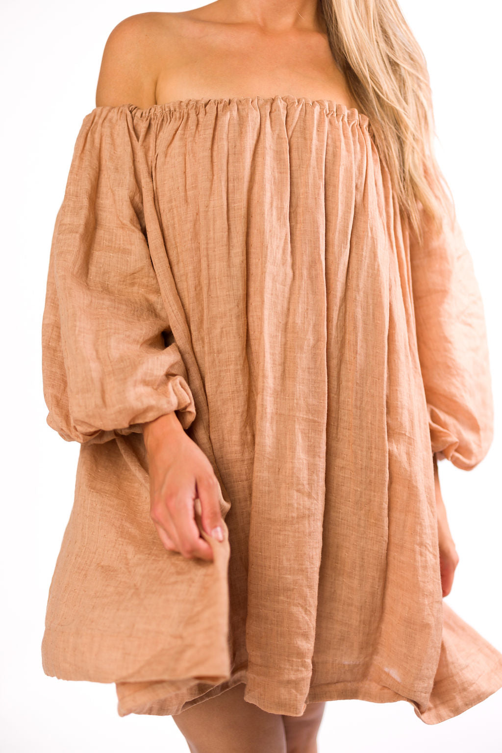 Cassidy 100% Linen Off Shoulder Mini Dress - Women's Summer Boho Dress in Mocha Brown | Beach Wedding, Vacation, Date Night Outfit