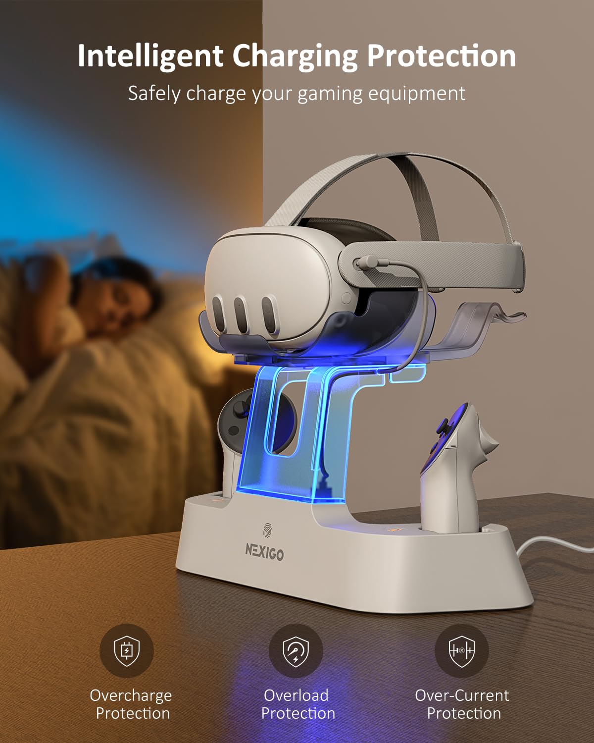 NexiGo Enhanced Charging Dock for Meta Quest 3 & 3S - LED Light Indicator, Elite Strap with Battery Compatible, Headset Display Stand & Controller Mount - Includes Rechargeable Batteries (White) - Perfect for VR Gaming Setup & Organized Storage