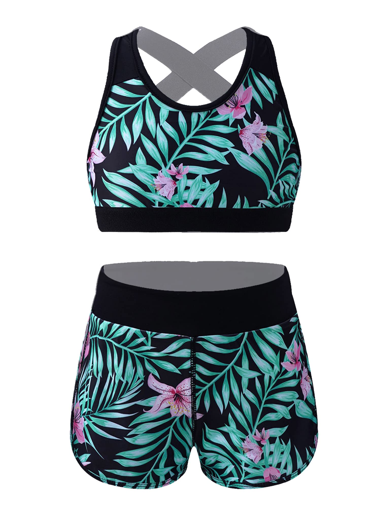 Hansber Girls' 2-Piece Gymnastics Outfit - Tie-Dye Crop Top & Boyshorts Set for Dance, Swim & Sports | Kids Athletic Wear for Gymnastics Practice, Beach Swimming & Dance Classes
