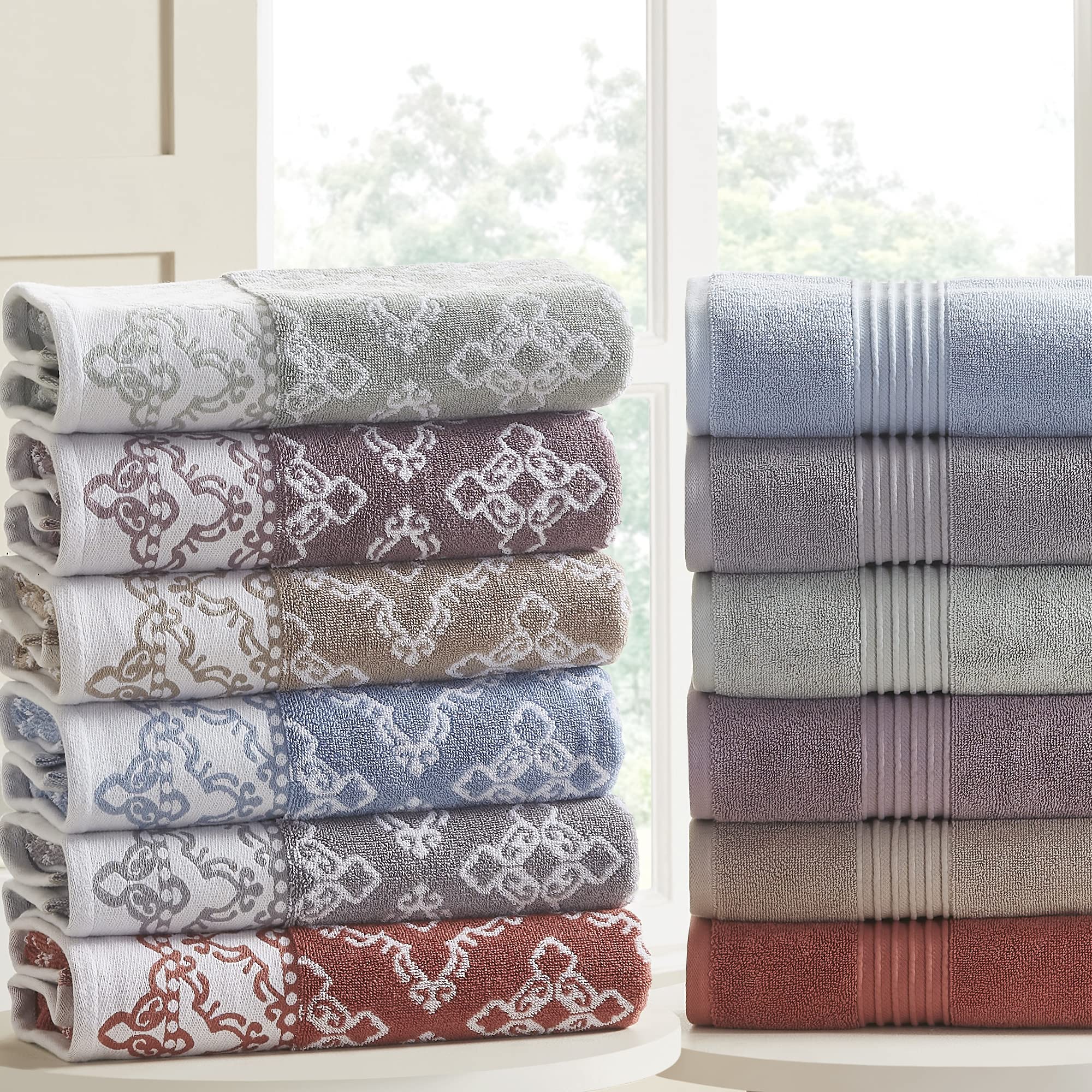 Premium 6-Piece Bath Towel Set - 2 Bath Towels, 2 Hand Towels & 2 Washcloths | Yarn-Dyed Jacquard & Solid Design in Charlize Blue | Soft & Absorbent for Spa, Bathroom & Guest Use
