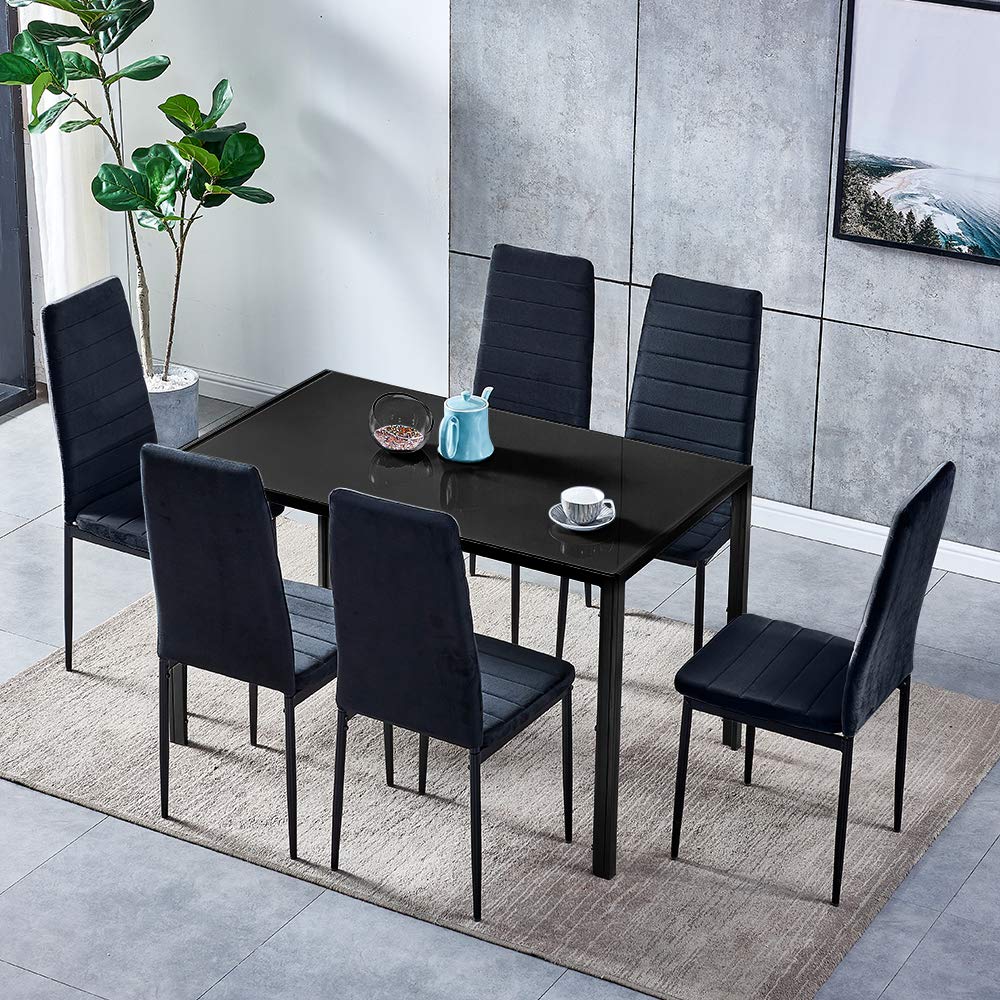 7-Piece Modern Black Dining Set with Tempered Glass Table & 6 Velvet Chairs - Space Saving Kitchen/Dining Room Furniture for Small Apartments & Condos | Perfect for Breakfast Nooks, Compact Dinettes & Cozy Meals