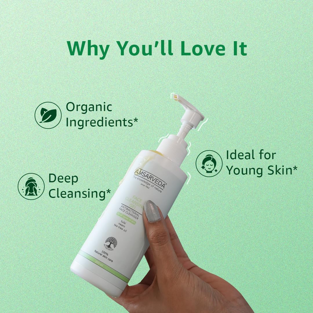 **Amsarveda Natural Face Cleansing Gel with Neem, Tulsi & Aloe Vera – Deep Cleansing, Gentle for All Skin Types, Balances & Moisturizes Skin – 150ml (5 oz) – Perfect for Daily Skincare Routine & Acne-Prone Skin**