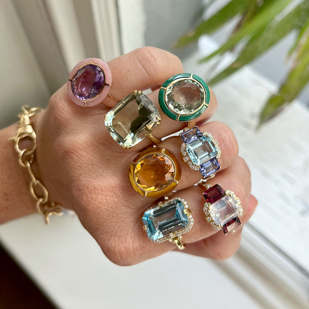 Goshwara 18K Gold Ring with Oval Light Amethyst & Pink Opal Inlay - Elegant Jewelry for Women, Perfect for Weddings, Anniversaries & Special Occasions