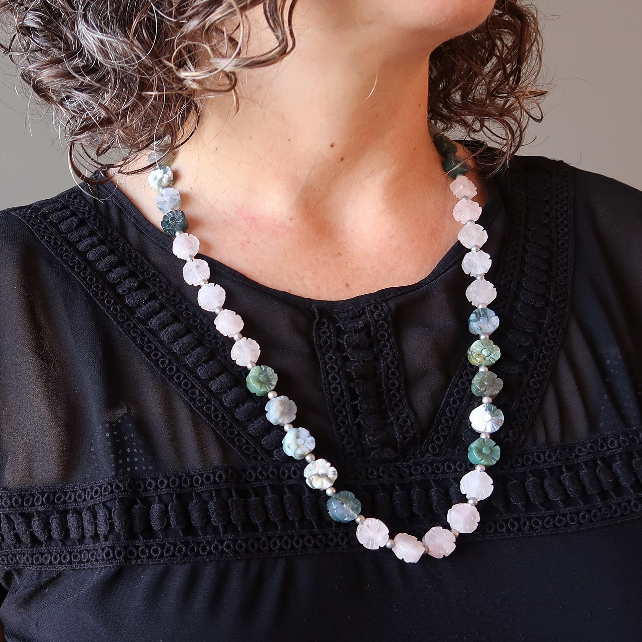 Satin Crystals Rose Quartz Moss Agate Necklace - Floral Gemstone Jewelry for Women, Healing Crystal Pendant for Spring & Summer Outfits | Perfect for Weddings, Dates & Boho Fashion