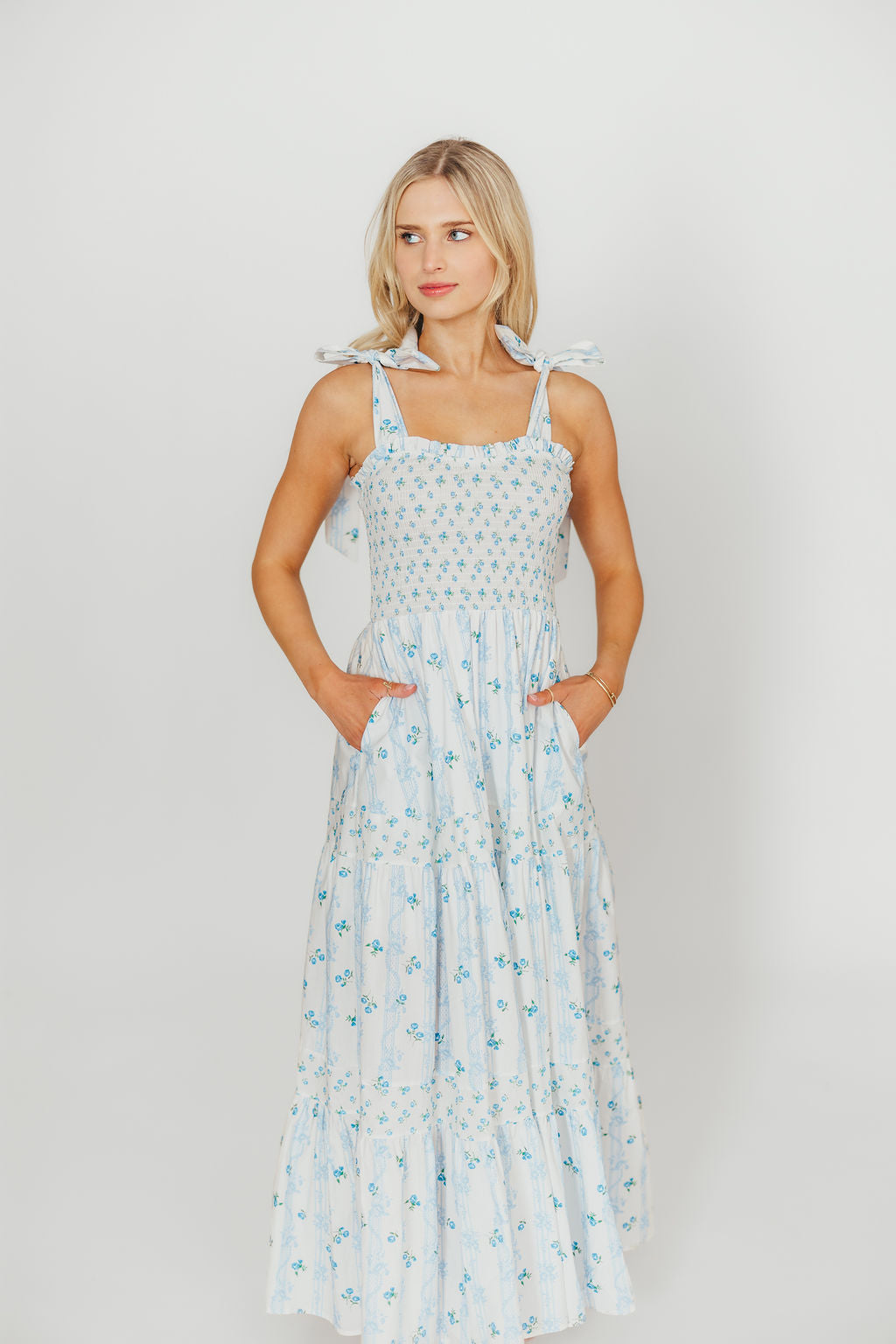 Kathryn Floral Print Tie Shoulder Maxi Dress - Ivory & Blue Floral Summer Dress for Women | Perfect for Beach Vacations, Weddings & Date Nights