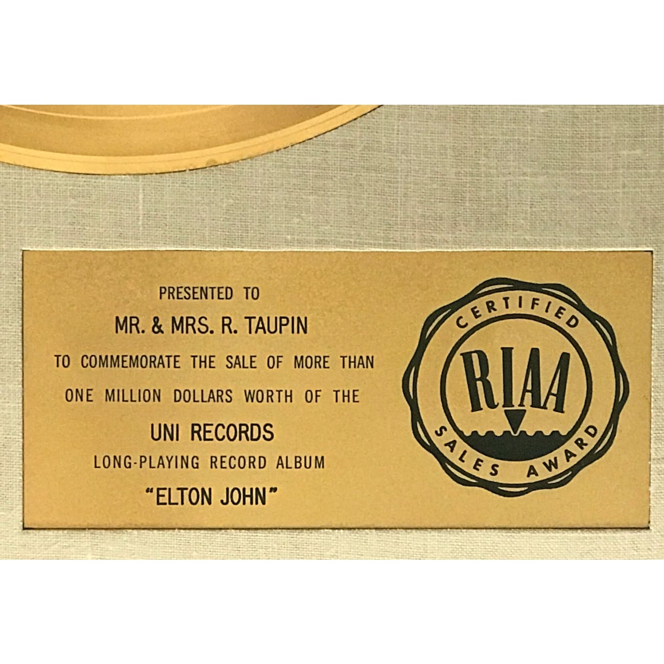 Elton John 1970 Debut RIAA Gold LP Award - Rare Collectible Vinyl Record for Music Enthusiasts | Perfect for Display in Home Theater, Music Room or Collector's Showcase
