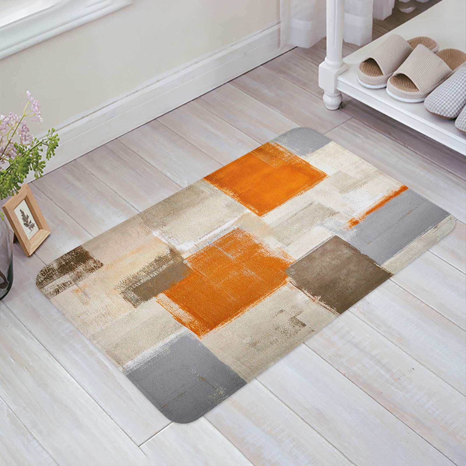Prironde Fall Orange Grey Non-Slip Door Mat - 16x24 Inch Washable Indoor/Outdoor Rug for Kitchen, Bathroom, Porch & Home Entrance - Geometric Abstract Art Floor Mat Perfect for Sink Areas, Entryways & High-Traffic Zones