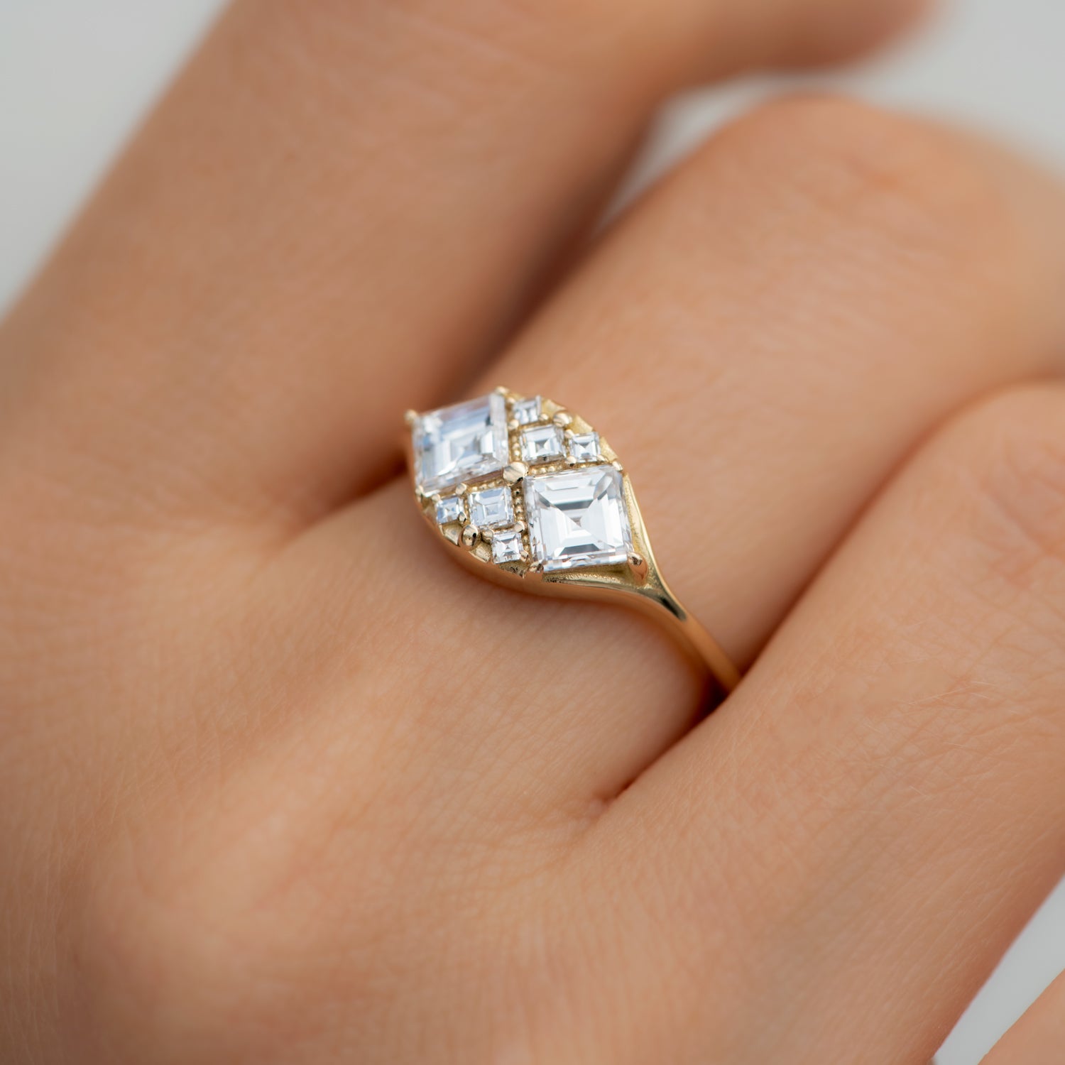 Exquisite Step Cut Engagement Ring with Eight Square Diamonds - Perfect for Proposals, Anniversaries & Special Occasions