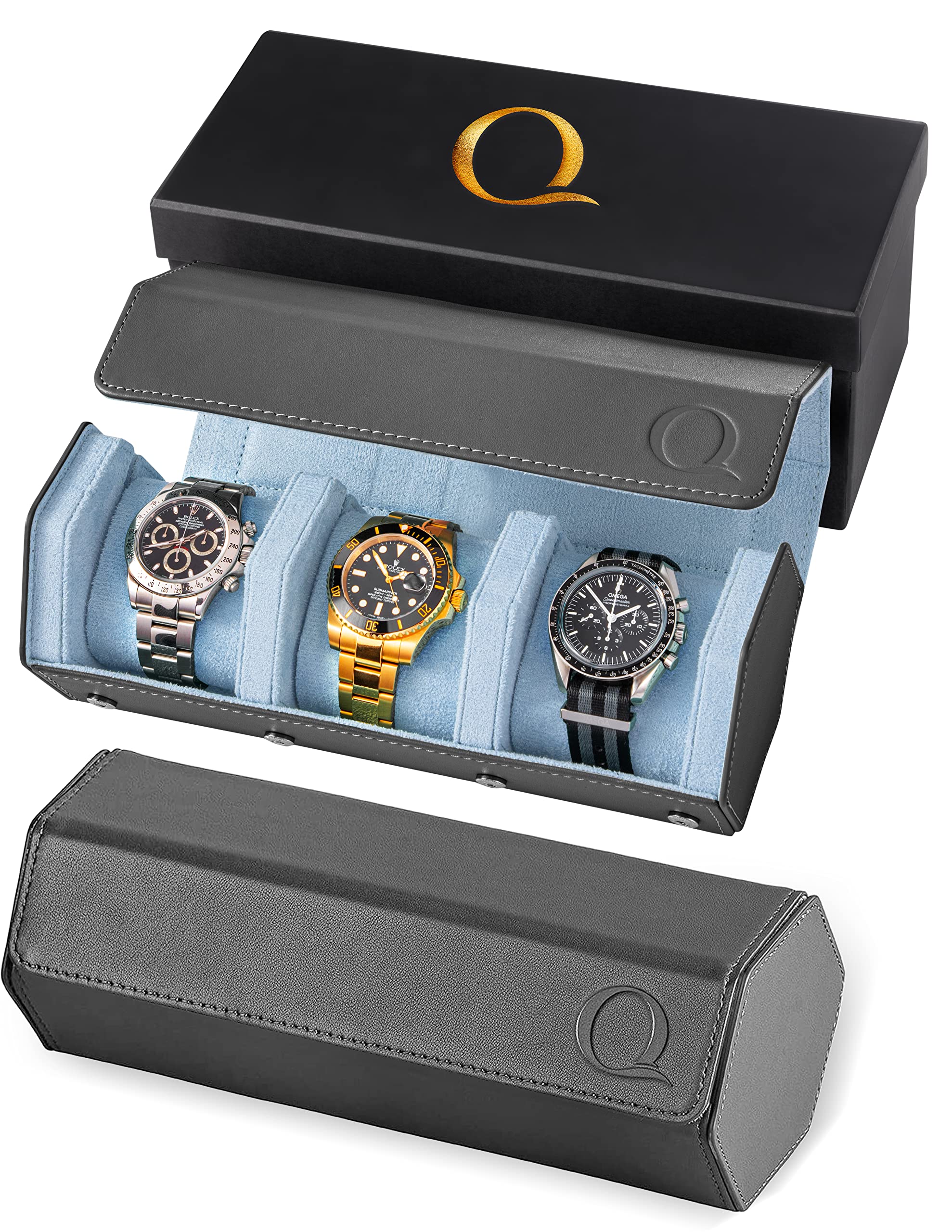 Premium Napa Leather Watch Roll for Men - Hexagon Triple Watch Travel Case Holds 3 Watches - Genuine Leather Storage Organizer with Velvet Lining (Gray/Blue) - Perfect for Business Travel, Watch Collectors & Luxury Gift Giving