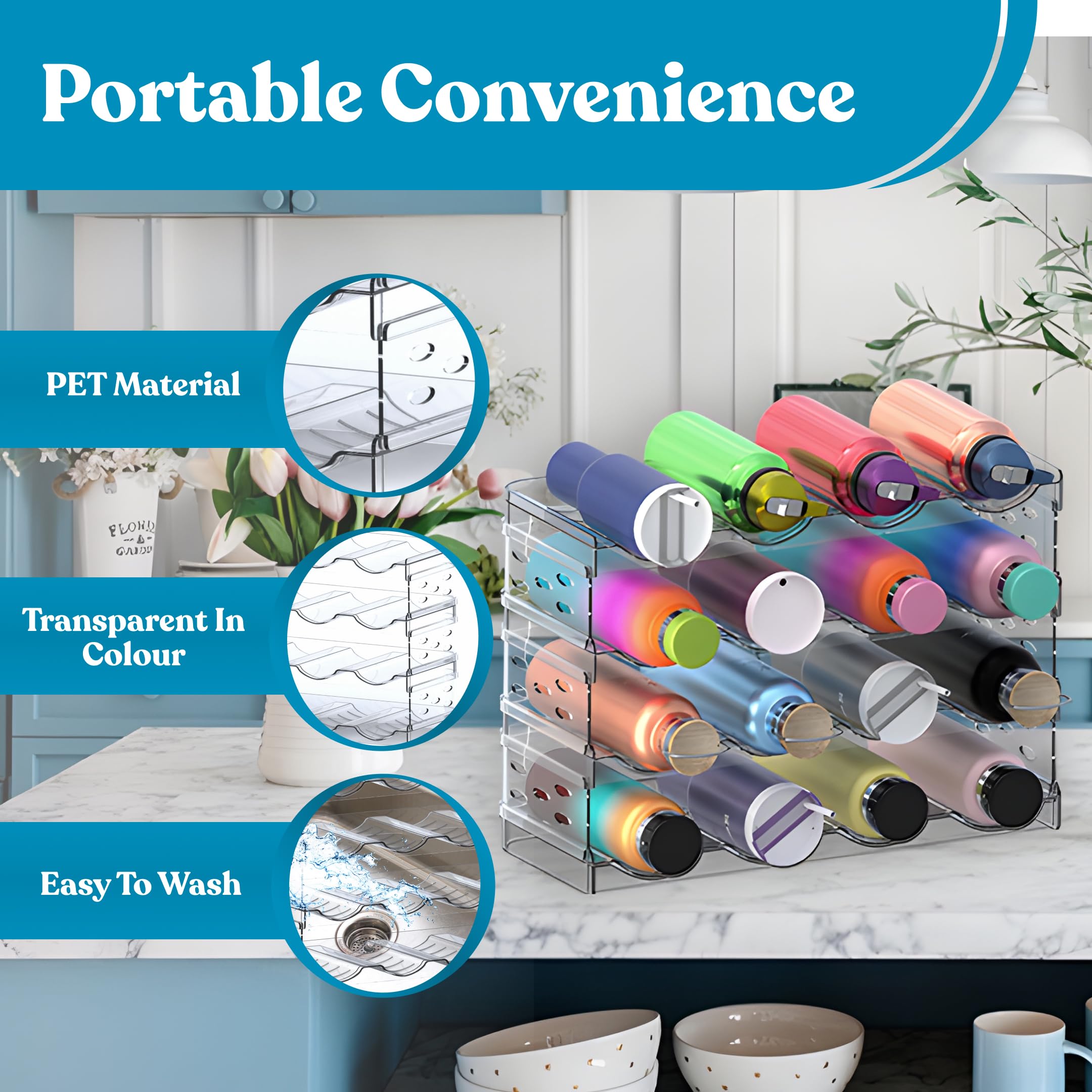 4-Tier Stackable Water Bottle Organizer for Cabinet & Pantry - Holds 16 Bottles, Space-Saving Tumbler Storage Rack for Refrigerator or Countertop - Perfect for Kitchen, Office & Dorm Organization