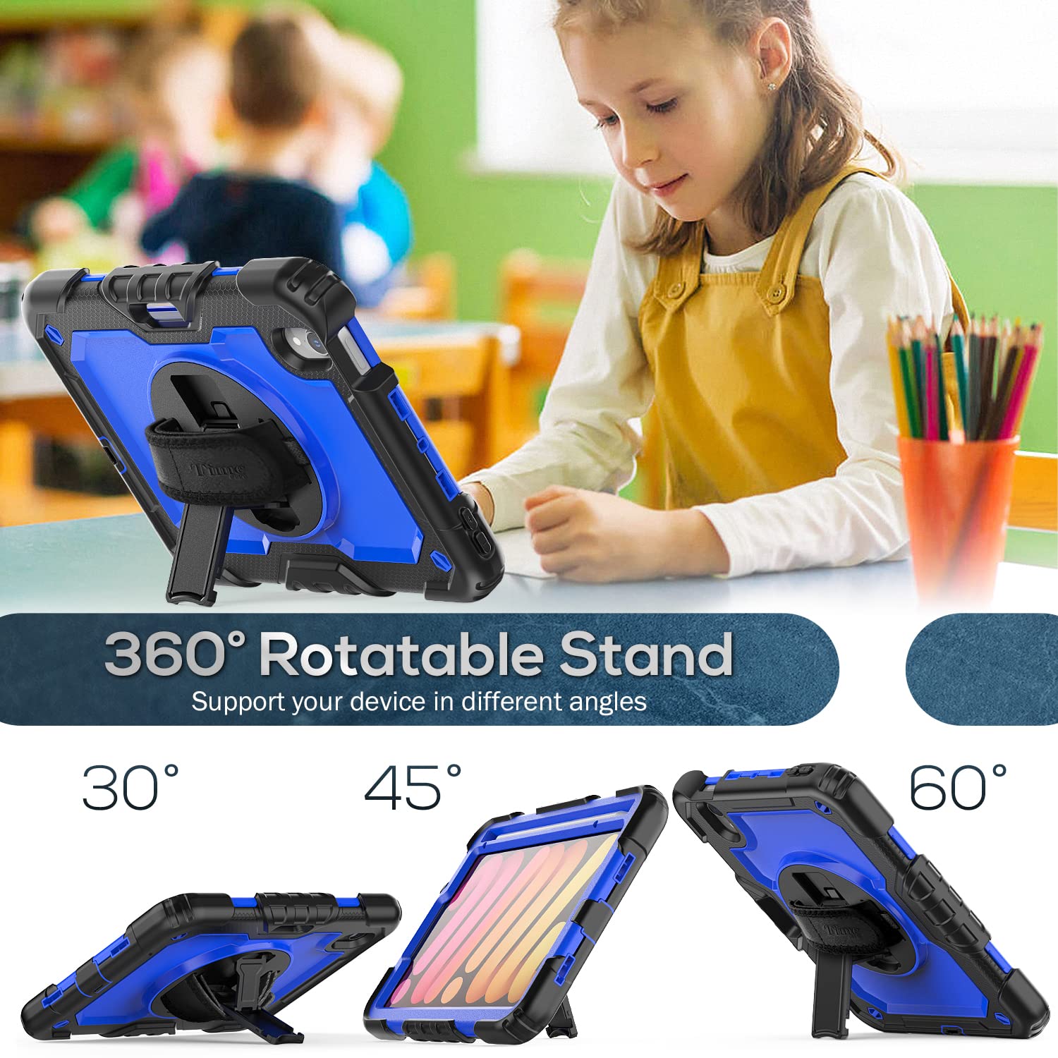 Timecity Protective Case for iPad Mini 7 (A17 Pro) 2024 & iPad Mini 6 2021 8.3 Inch - Shockproof Full-Body Cover with Built-in Screen Protector, Pencil Holder, Rotating Stand & Hand Strap - Perfect for Work, Travel and Daily Use - Dark Blue