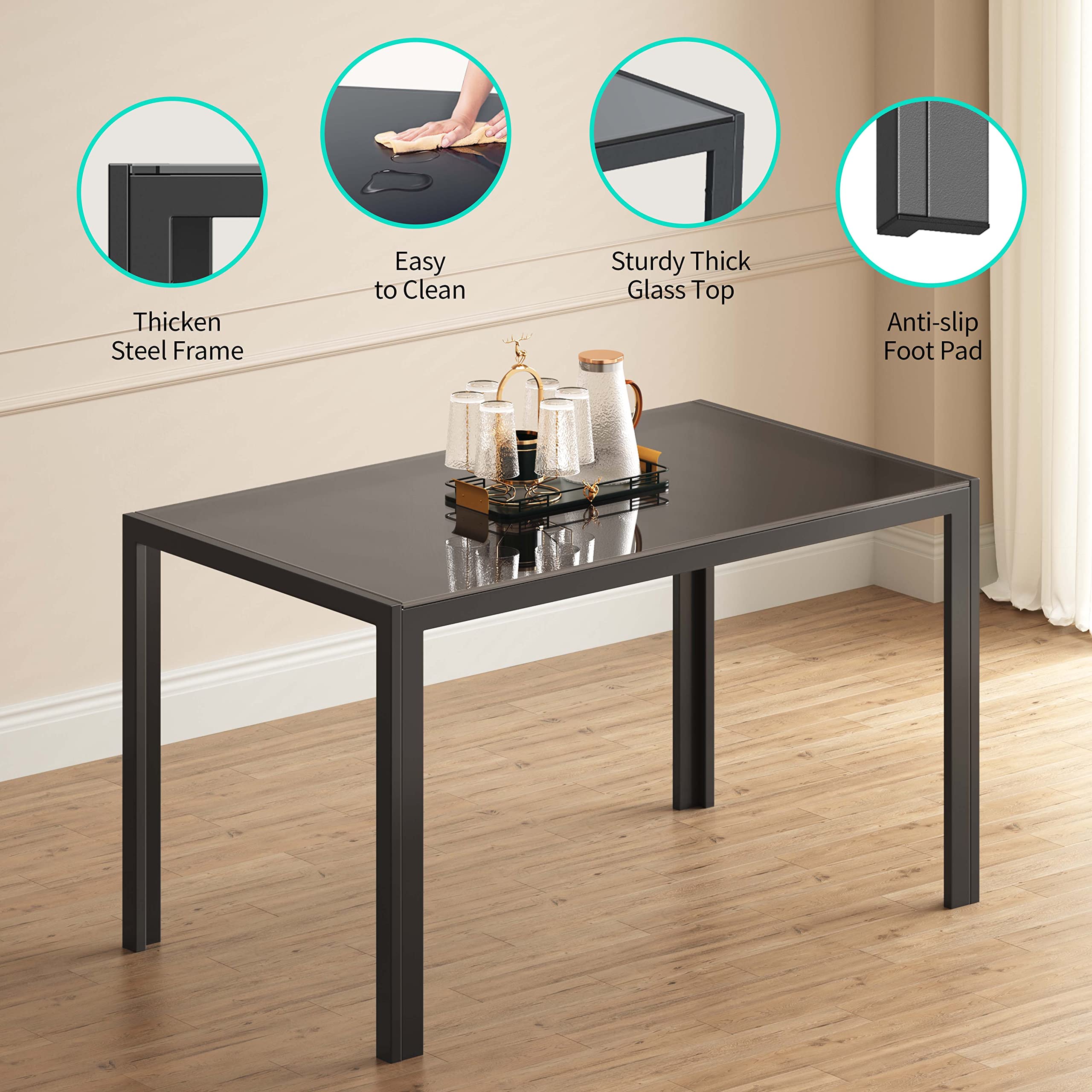 Gizoon 5-Piece Modern Glass Dining Table Set with PU Leather Chairs for 4, Perfect for Home, Kitchen, and Living Room Spaces | Ideal for Small Apartments and Family Gatherings