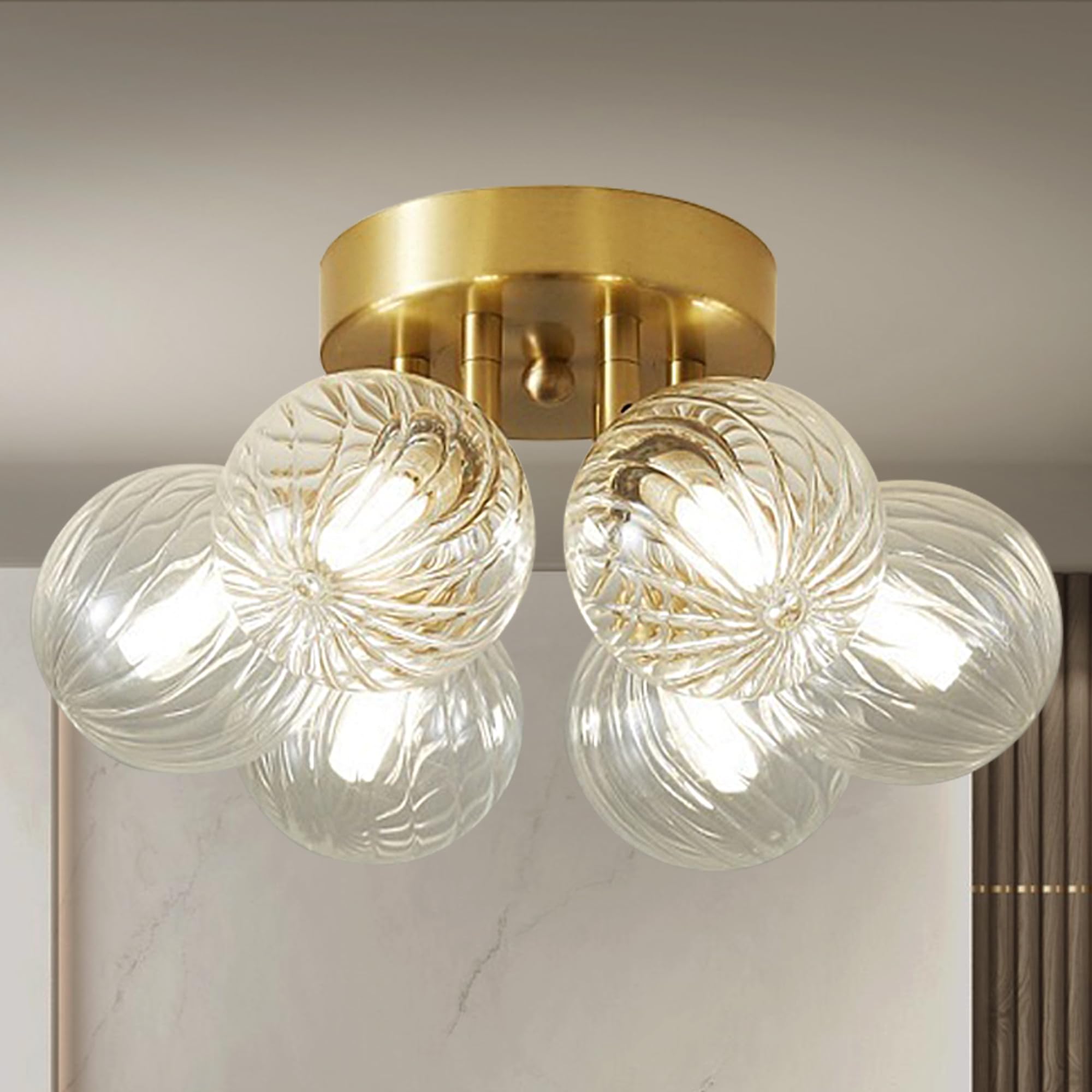 Vintage Mid-Century Modern 6-Light Bubble Ball Chandelier - Gold Brass & Clear Blown Glass Semi-Flush Mount Ceiling Light Fixture for Bedroom, Living Room, Dining Room, Study, Bathroom - Elegant Retro Lighting for Home Decor