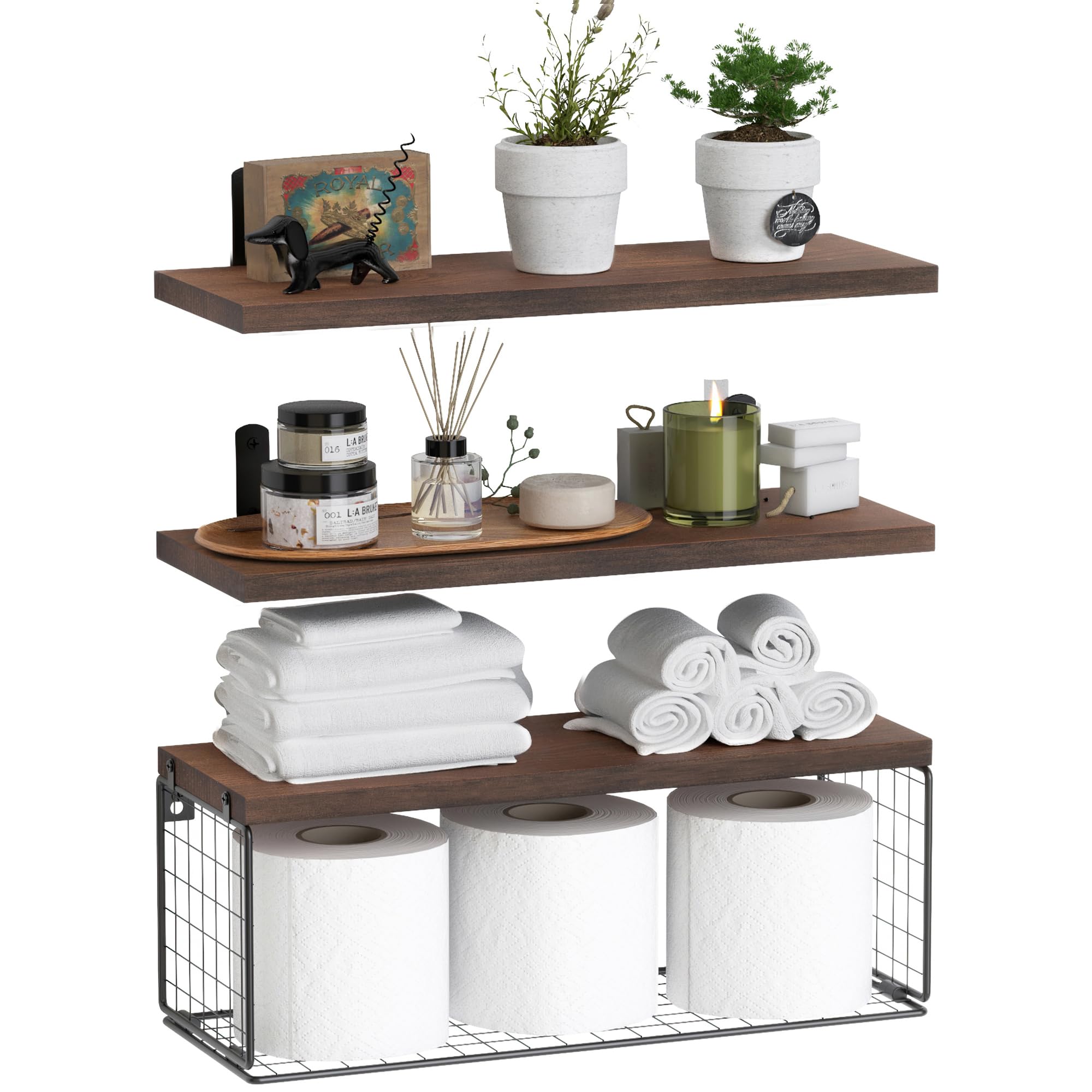WOPITUES Rustic Brown Floating Bathroom Shelf Over Toilet - Wall Mounted Storage Organizer with Wire Basket for Towels & Decor | Space-Saving Bathroom Organization Solution for Small Spaces