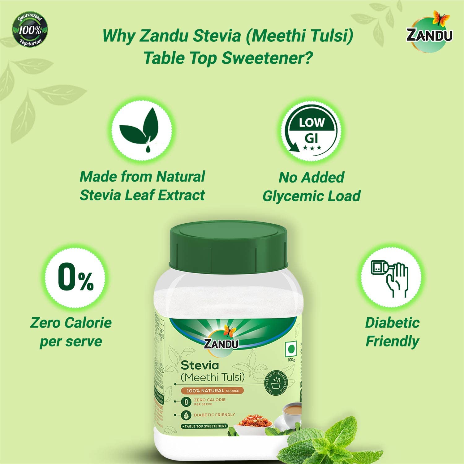 **Zandu Stevia Meethi Tulsi Powder - 100g | Natural Sugar Substitute for Healthy Blood Sugar & Weight Management | Ideal for Tea, Coffee & Baking**