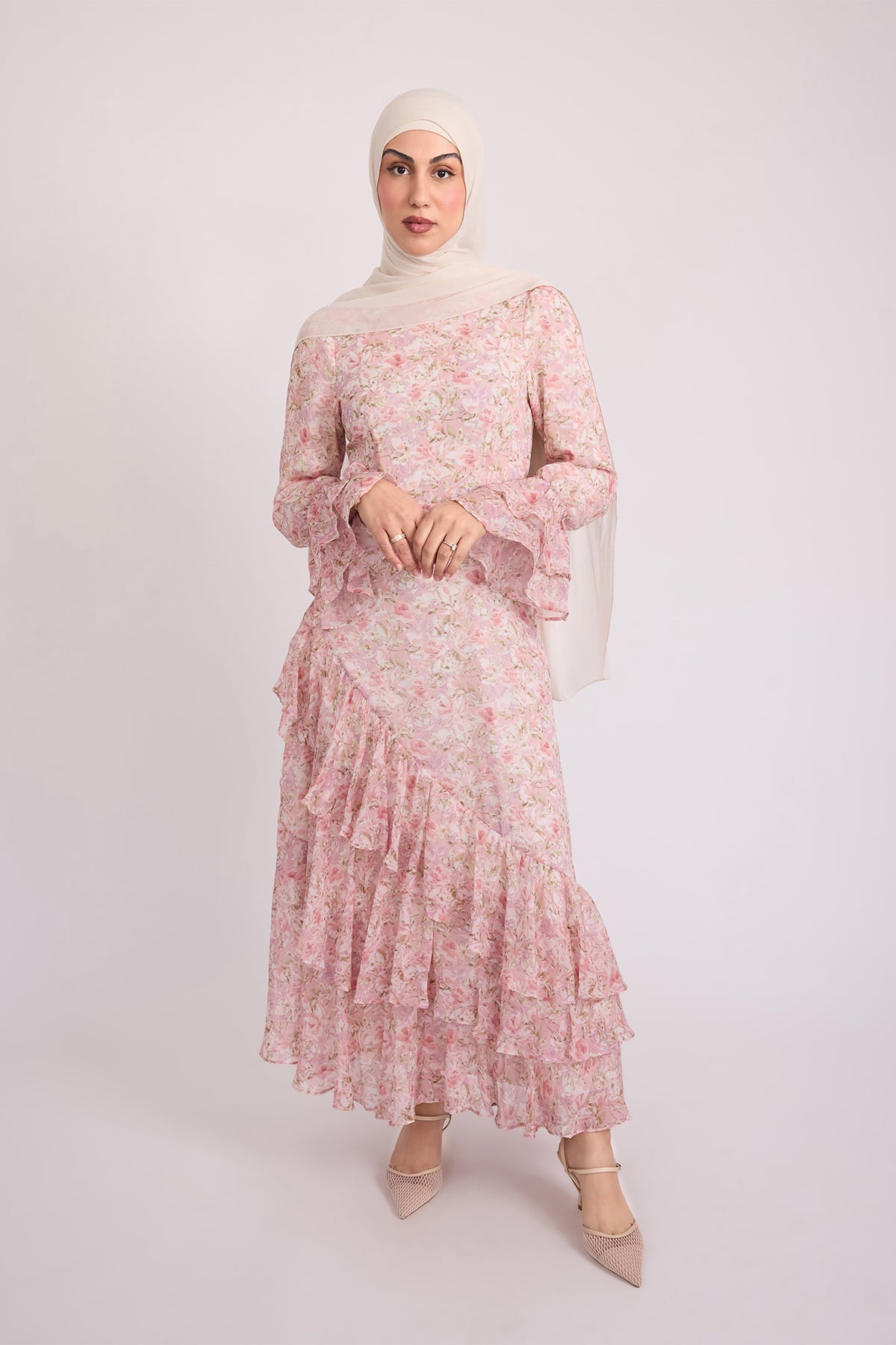 Selena Long Sleeve Maxi Dress - Flowy Rose Print Women's Evening Gown for Party, Wedding & Special Occasions