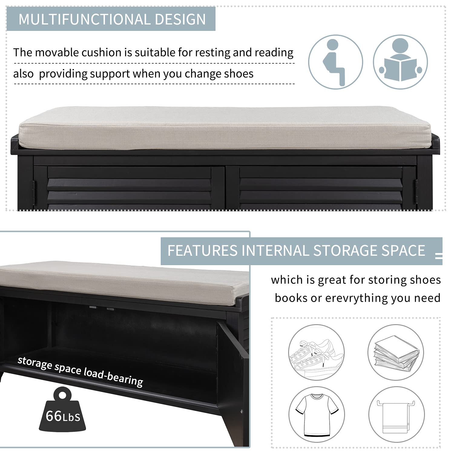 RUNNA Solid Wood Entryway Storage Bench with Removable Cushion - 2 Door Louver Shoe Bench for Hallway, Living Room & Entryway - Perfect for Organizing Shoes, Hats & Home Decor (Black)