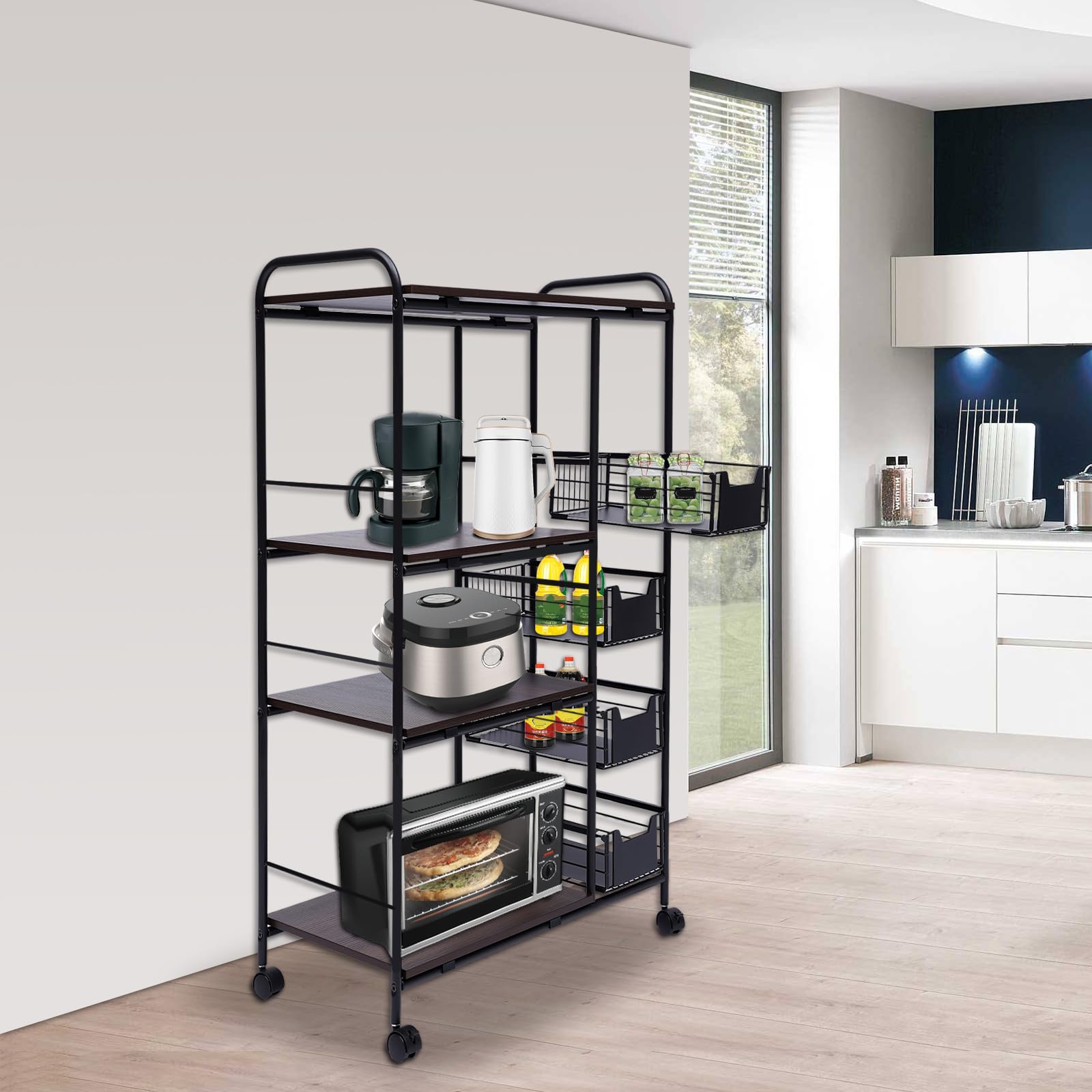 TBVECHI 5-Tier Industrial Kitchen Cart with Wheels - 45.28 x 27.95 x 13.78 Inch Black Metal Bakers Rack for Coffee Bar, Pantry Organization & Kitchen Storage - Perfect for Small Spaces & Home Baking Needs