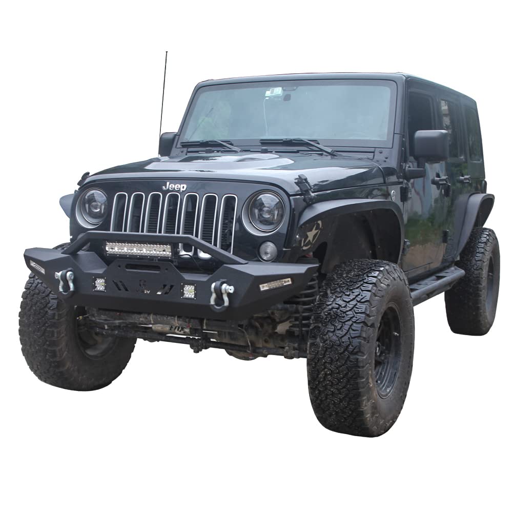 VIJAY Front & Rear Bumper Set for 2007-2017 Jeep Wrangler JK/JKU - Winch Plate, 6x24W LED Lights, 4x4.75T D-Rings, Hitch Receiver & Spare Tire Rack - Off-Road Adventure & Heavy-Duty Protection