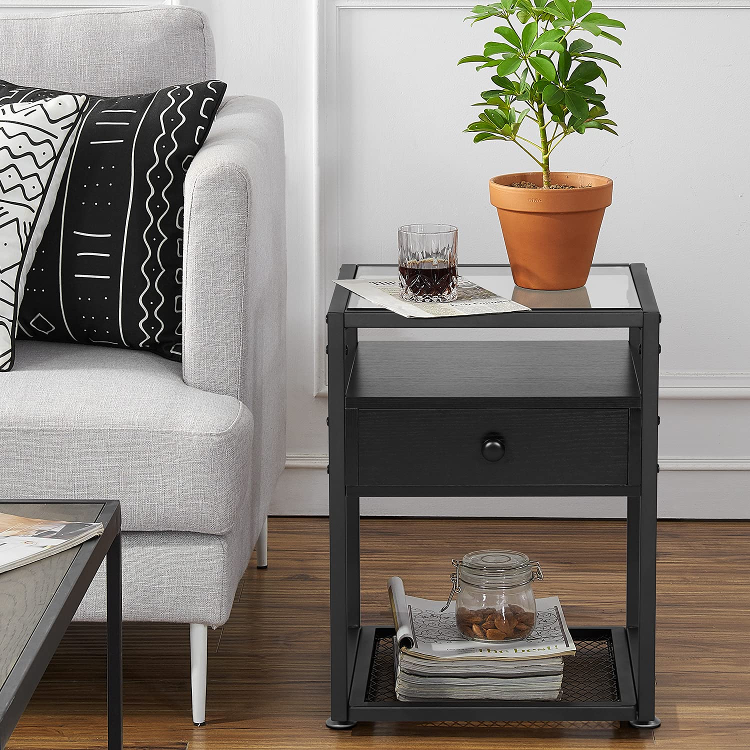Modern Nightstand with Glass Top - 66 lb Capacity, Space-Saving Drawer - Sturdy Bedside Table for Bedroom, Living Room & Lounge - Black (1 Set) - Perfect for Small Spaces & Apartment Living