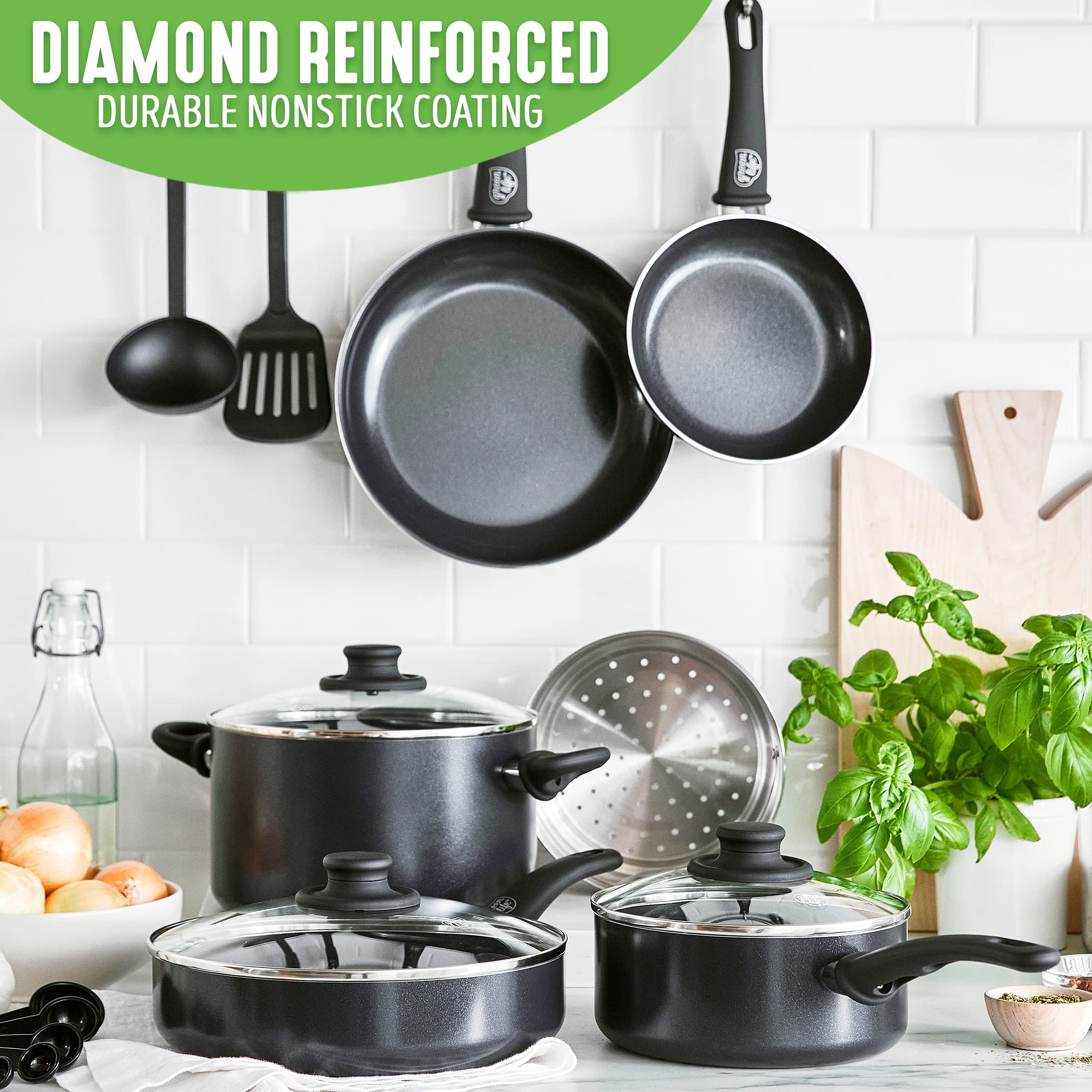 GreenLife Soft Grip Healthy Ceramic Nonstick 12-Piece Cookware Set - PFAS-Free Pots, Pans & Kitchen Utensils with Lids, Dishwasher Safe, Black | Perfect for Sauteing, Frying & Everyday Cooking