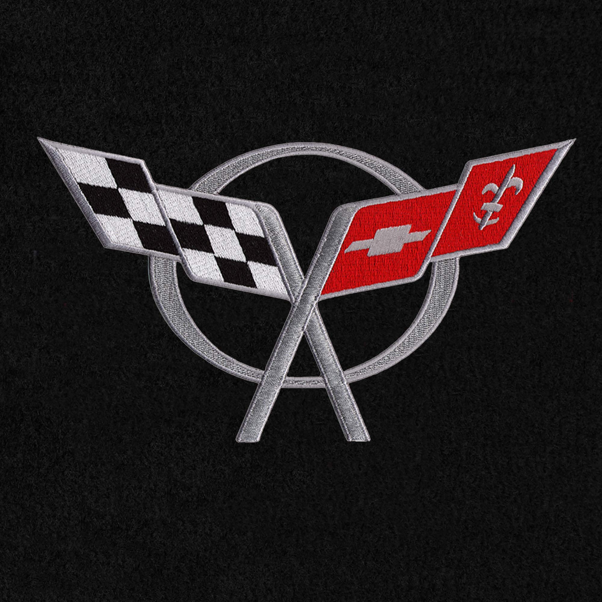 Premium Custom-Fit Carpeted Floor Mats for 1998-2004 Corvette C5 Convertible - Luxury Black Trunk Liner with Silver Flags Design | Perfect for Road Trips & Car Shows