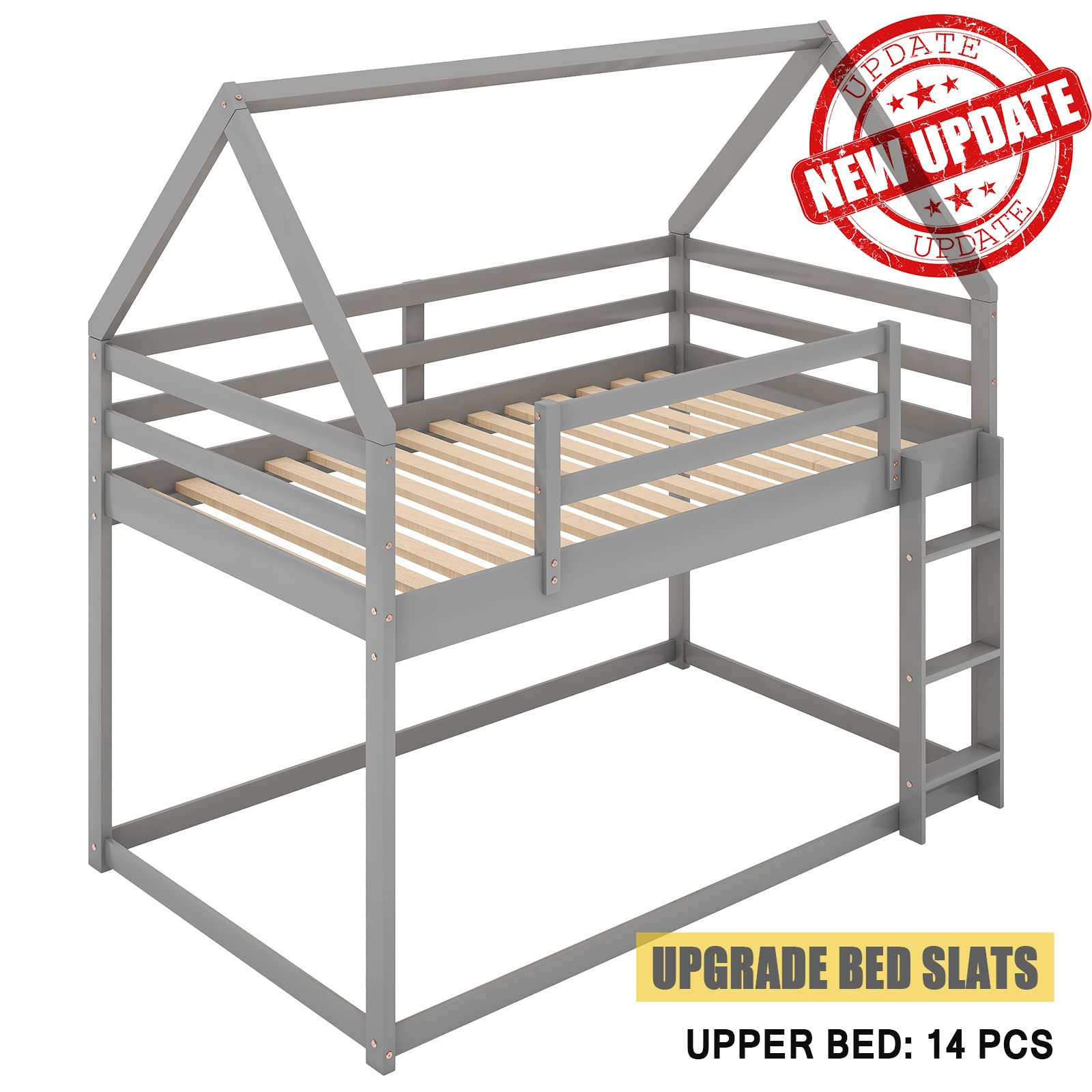 **MERITLINE Twin Over Twin Low Bunk Bed with Roof – Wooden House Bunk Bed for Kids & Toddlers, Includes Ladder, No Box Spring Needed, Grey – Perfect for Small Bedrooms, Playrooms & Sleepovers**