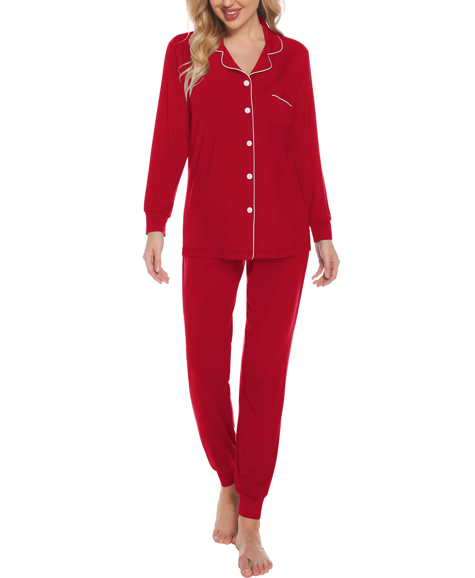 SWOMOG Women's Long Sleeve Pajama Set - Soft Button Down Sleepwear with Pockets, Comfy Jogger Pants & Lounge Wear for Nighttime Relaxation, Cozy Home Outfits and Gift Ideas